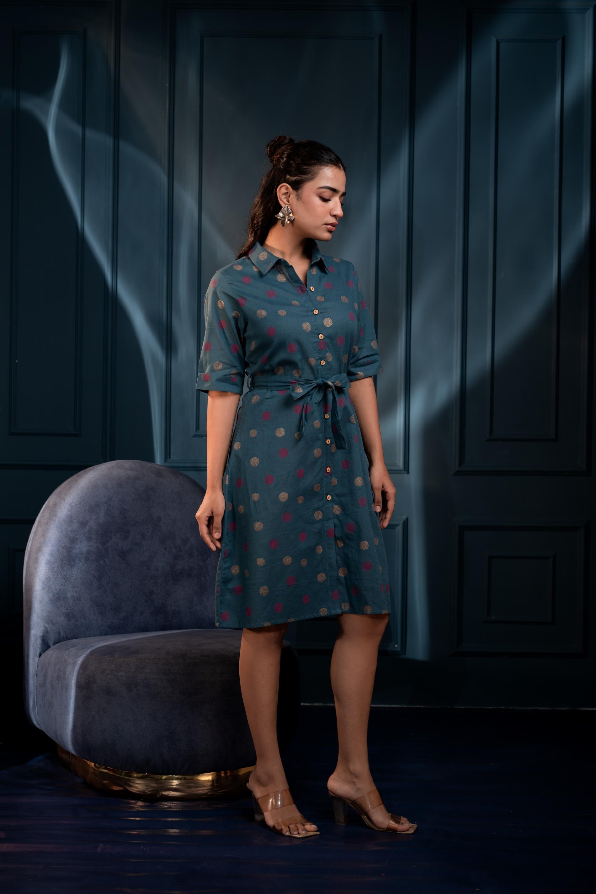 Teal Polka?Dot Button?Down Viscose Mini Shirt Dress with Belt