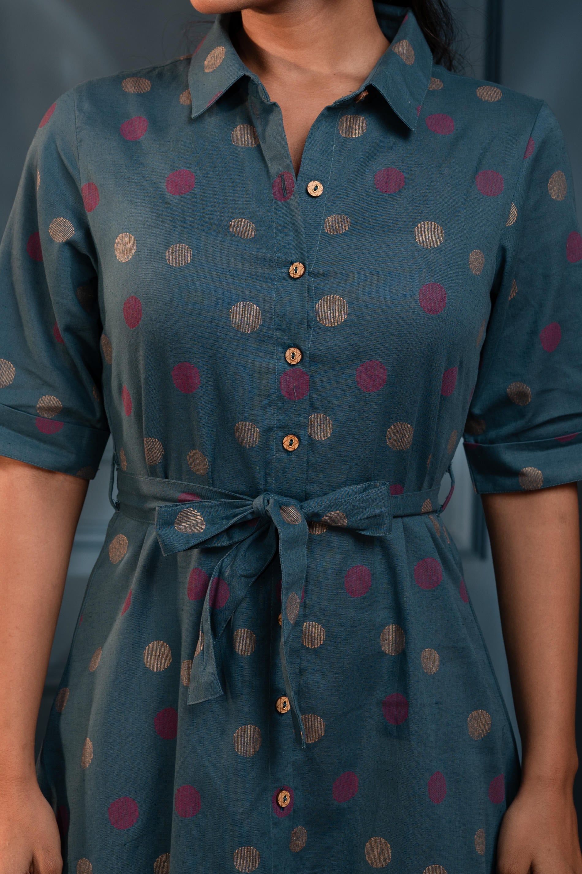 Teal Polka?Dot Button?Down Viscose Mini Shirt Dress with Belt
