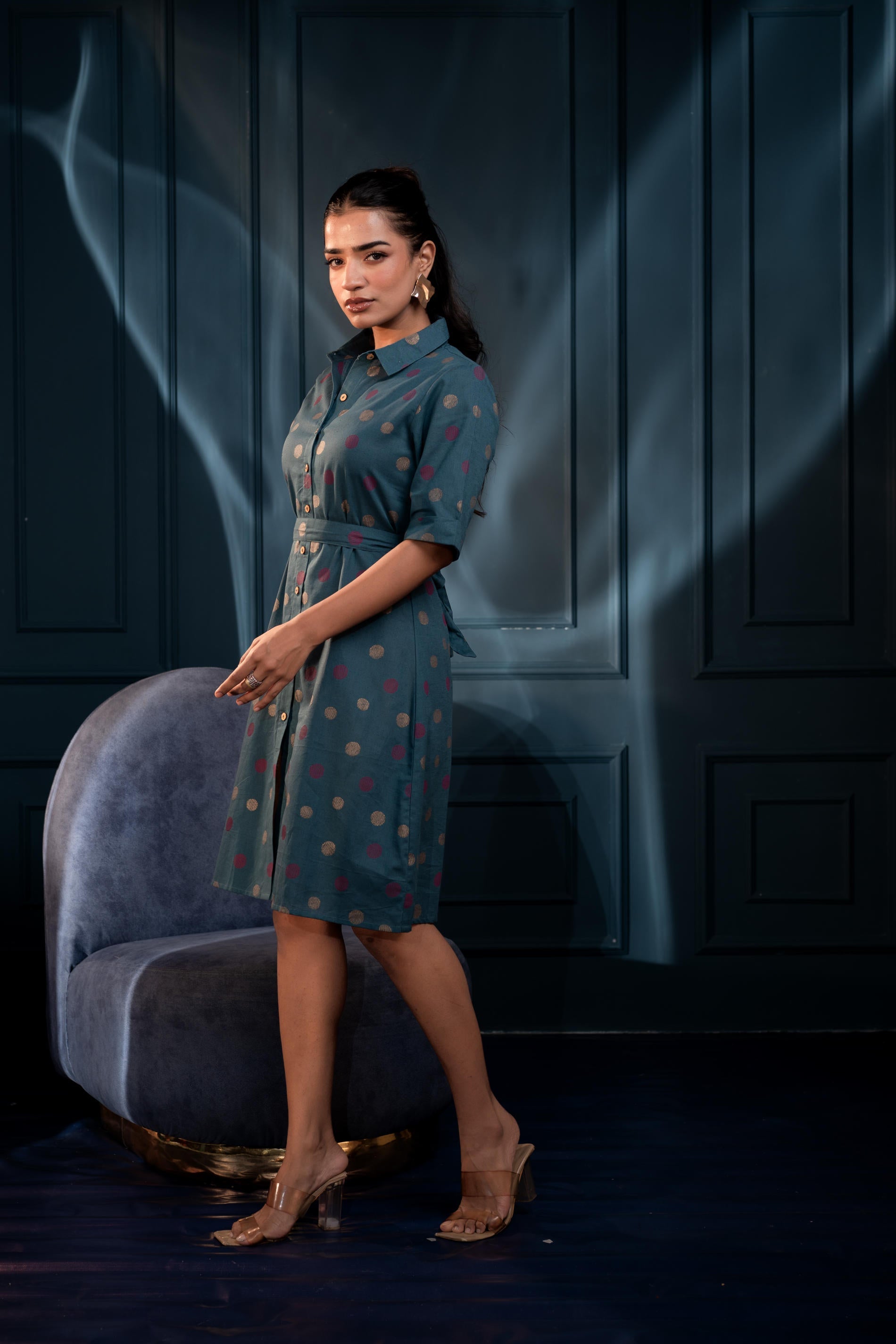 Teal Polka?Dot Button?Down Viscose Mini Shirt Dress with Belt