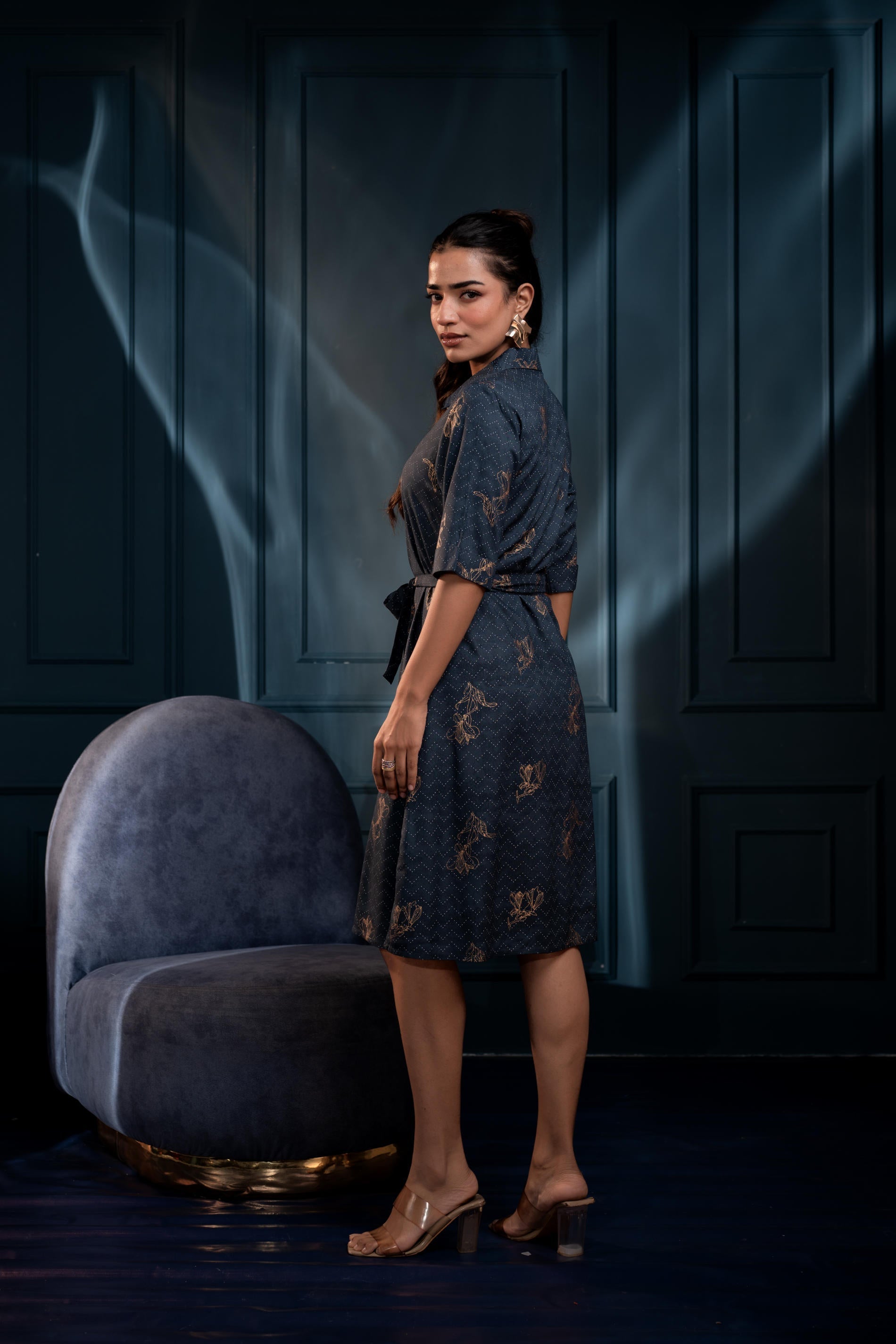 Teal Zig?Zag Print Button?Down Cotton Shirt Dress with Belt