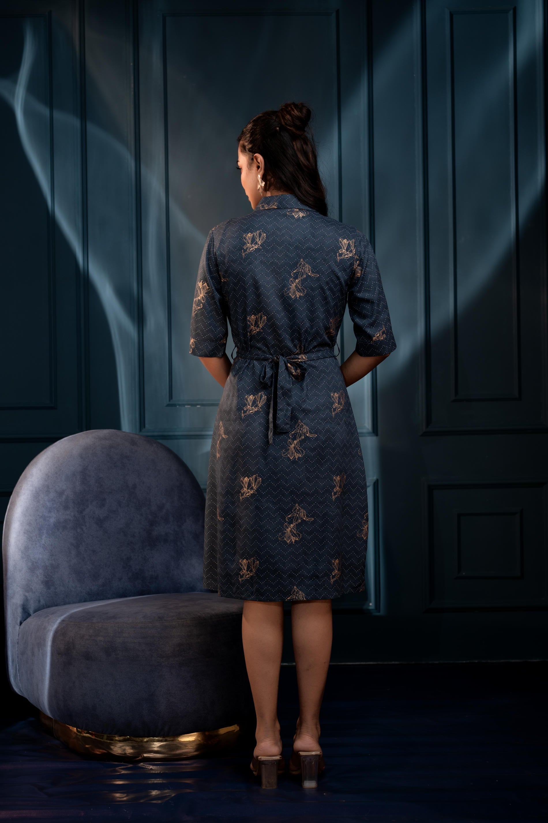 Teal Zig?Zag Print Button?Down Cotton Shirt Dress with Belt