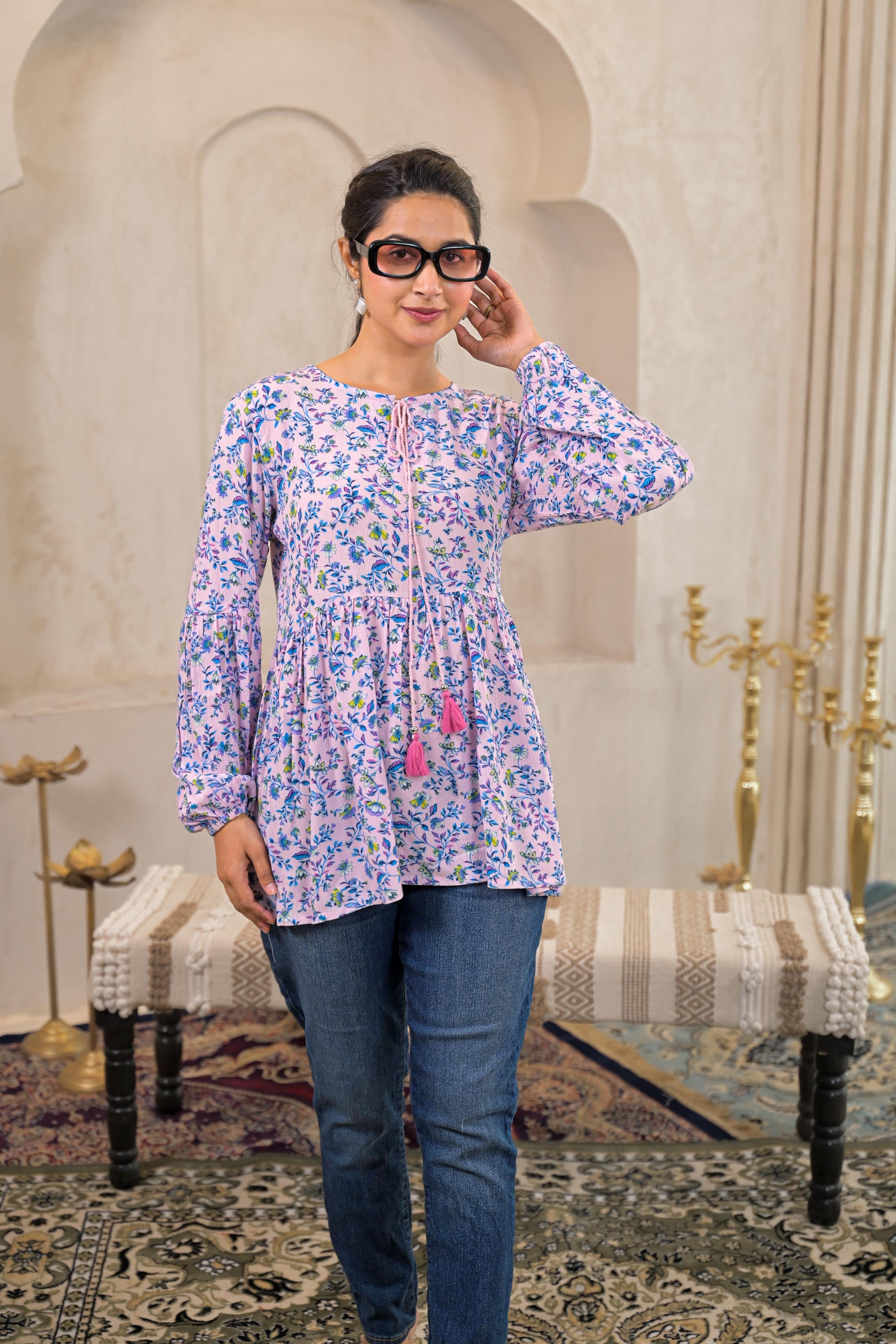 Baby Pink & Blue Floral Printed Viscose GaThread Tunic with Dori Tie