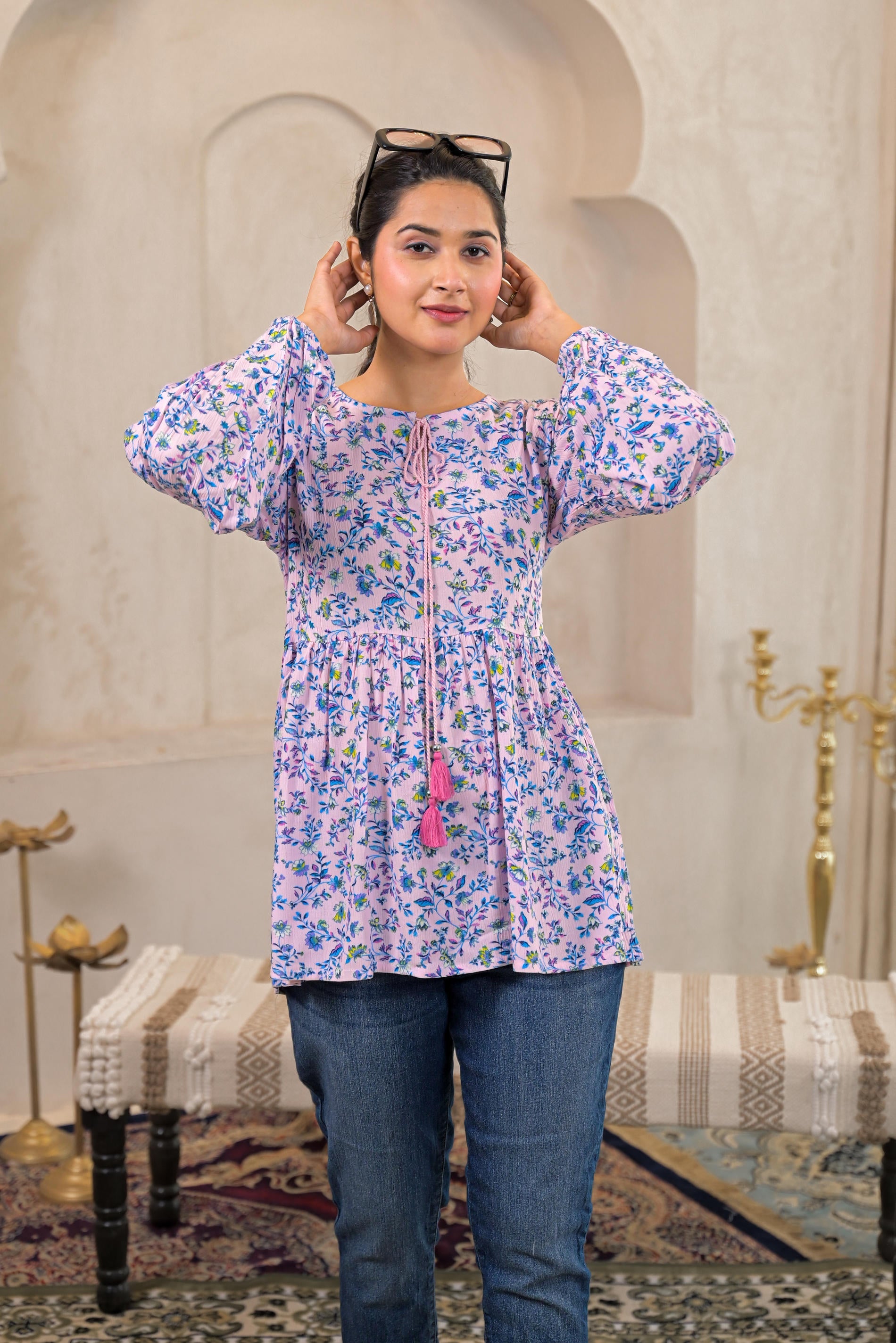 Baby Pink & Blue Floral Printed Viscose GaThread Tunic with Dori Tie