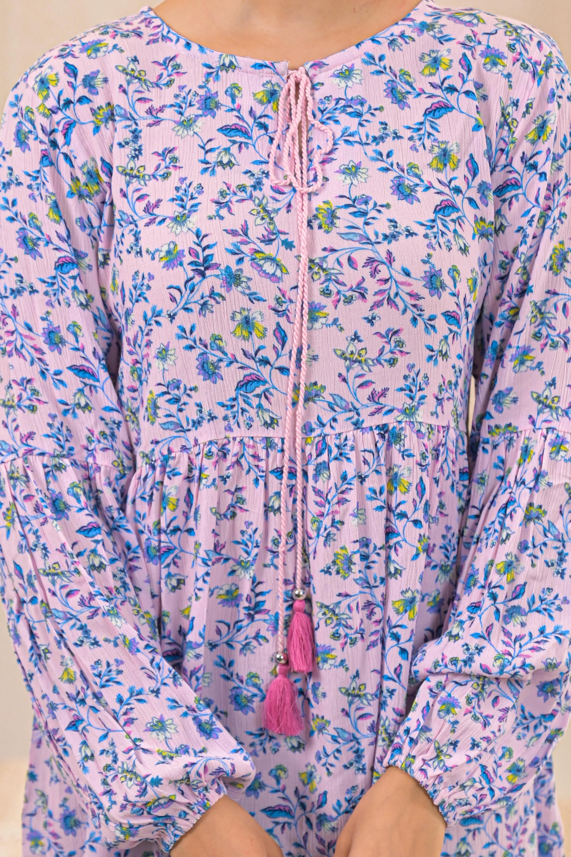 Baby Pink & Blue Floral Printed Viscose GaThread Tunic with Dori Tie