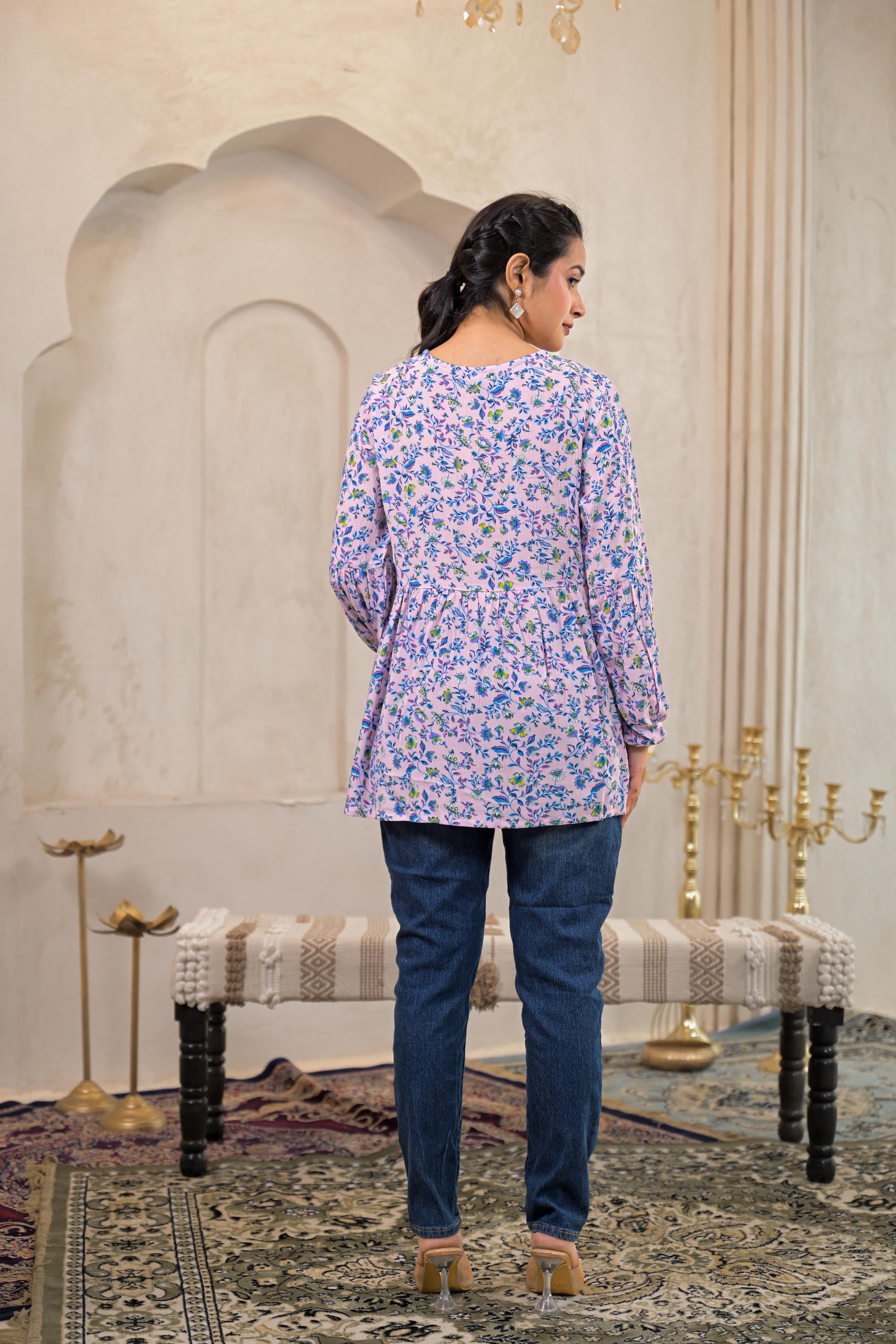 Baby Pink & Blue Floral Printed Viscose GaThread Tunic with Dori Tie
