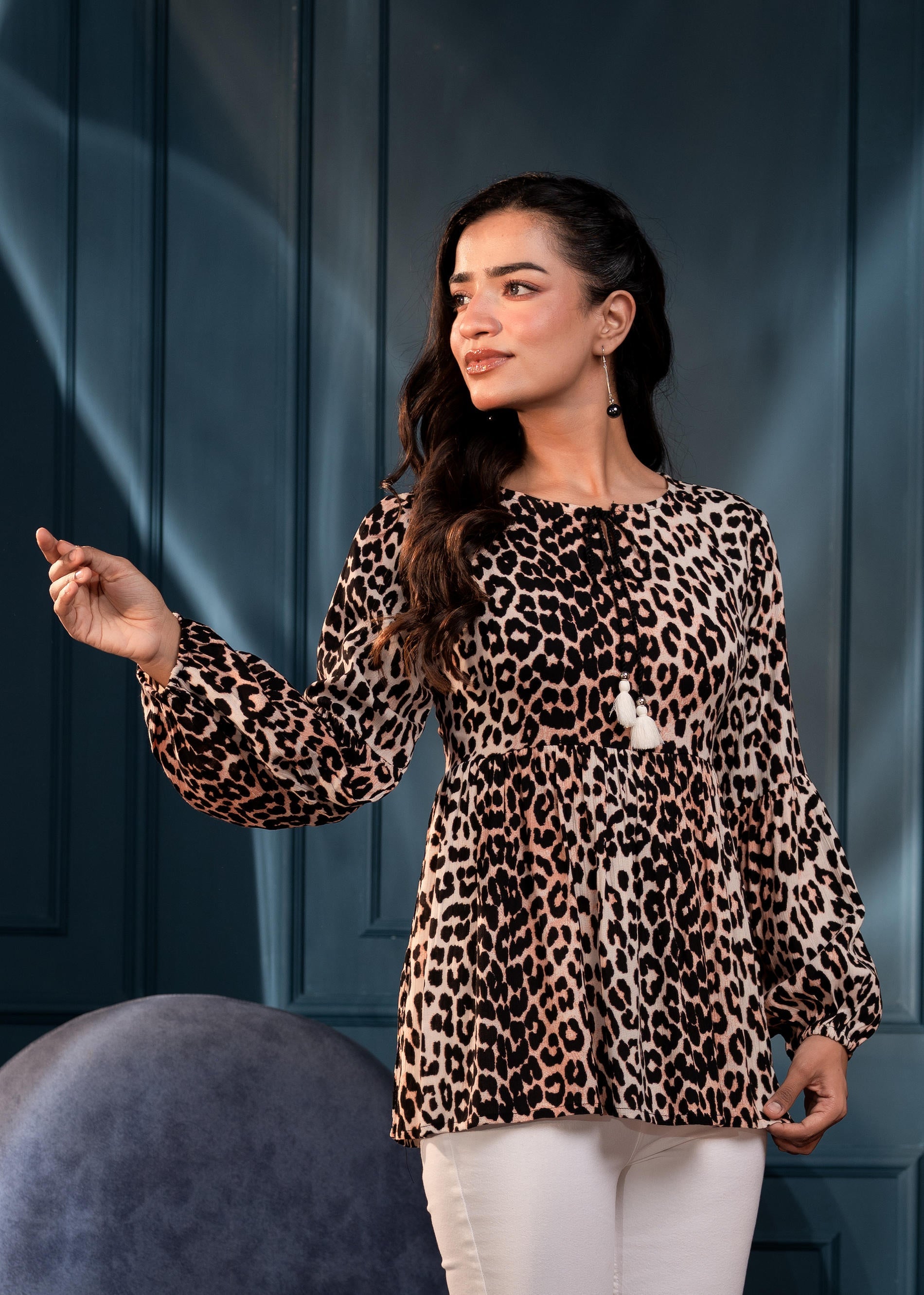 Black Floral Printed Viscose GaThread Tunic with Dori Tie