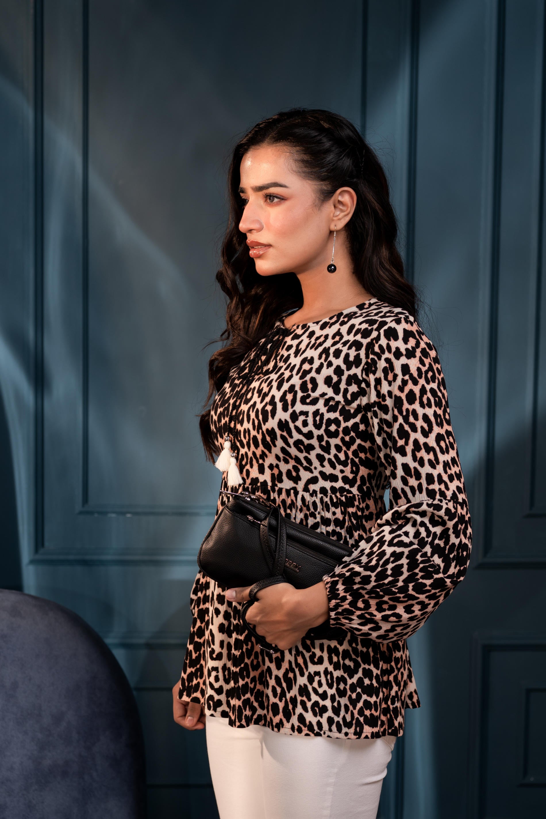 Black Floral Printed Viscose GaThread Tunic with Dori Tie