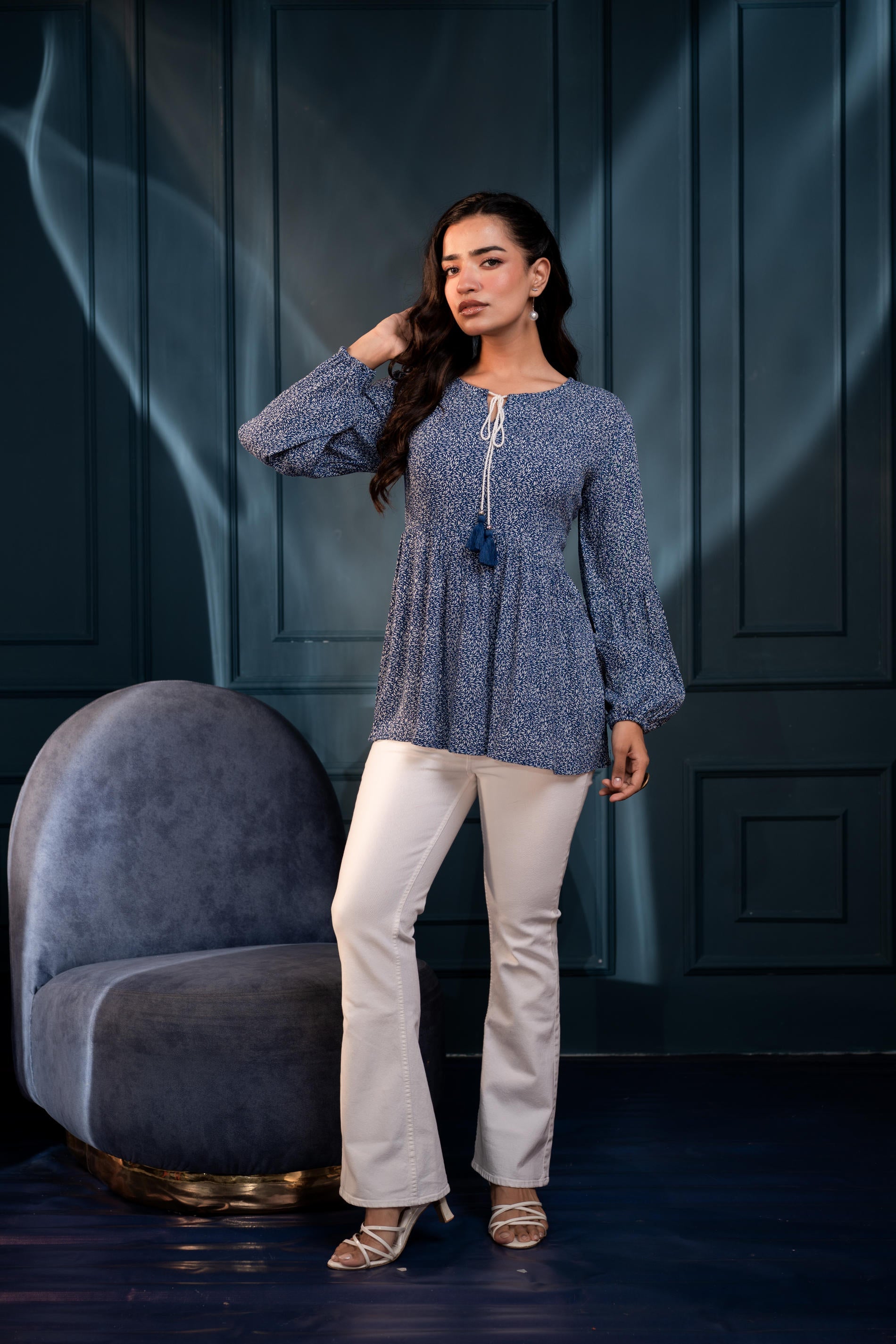 Blue Floral Printed Viscose GaThread Tunic with Dori Tie