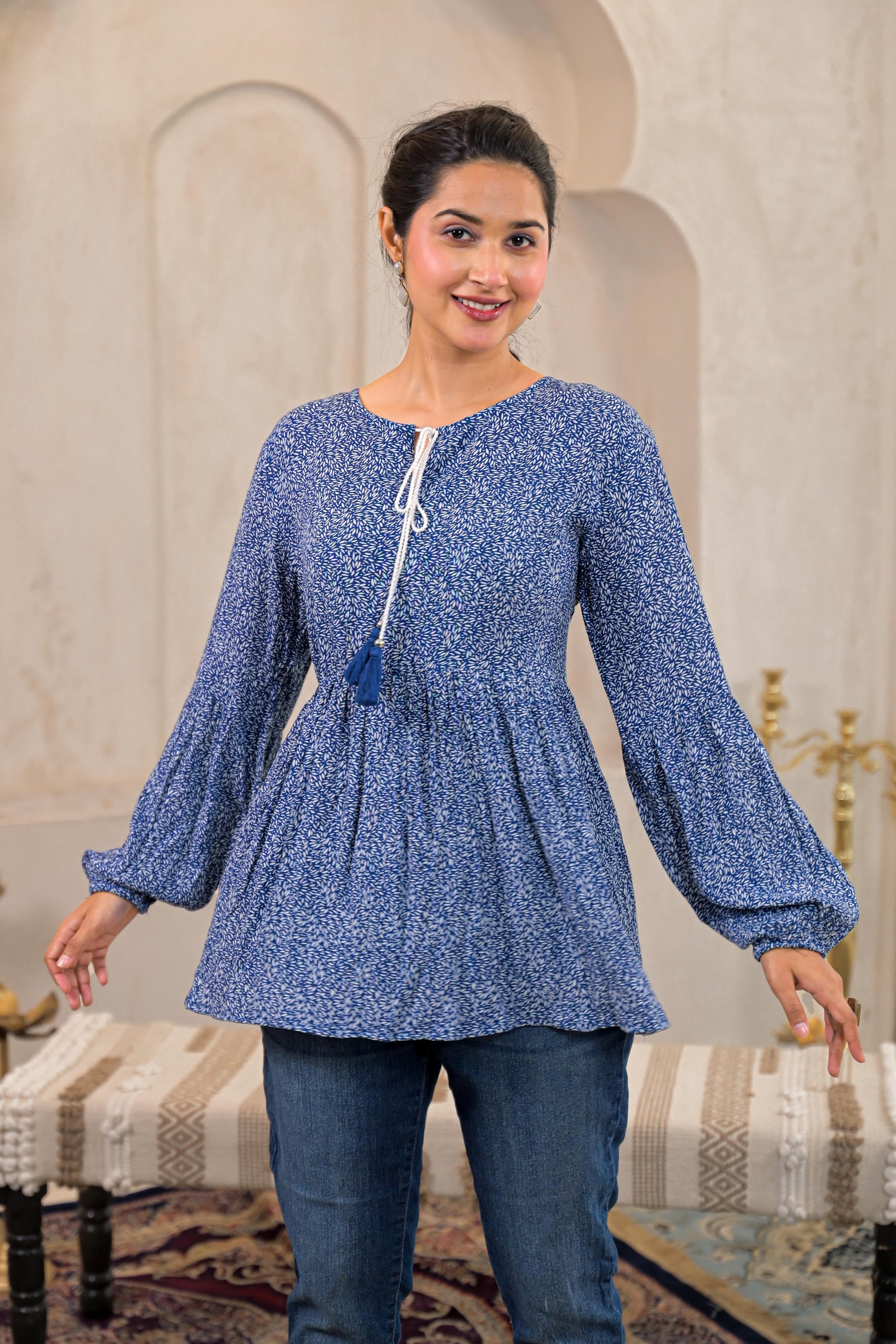 Blue Floral Printed Viscose GaThread Tunic with Dori Tie