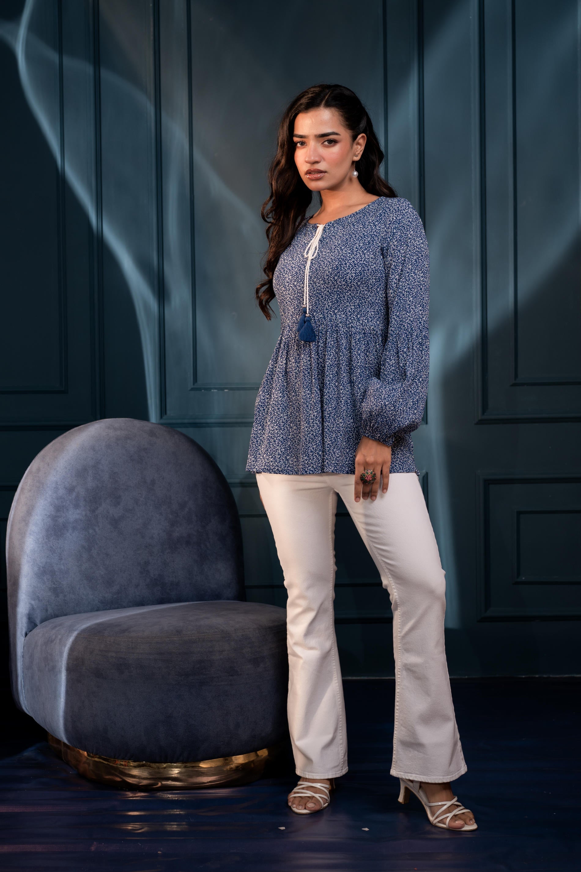 Blue Floral Printed Viscose GaThread Tunic with Dori Tie