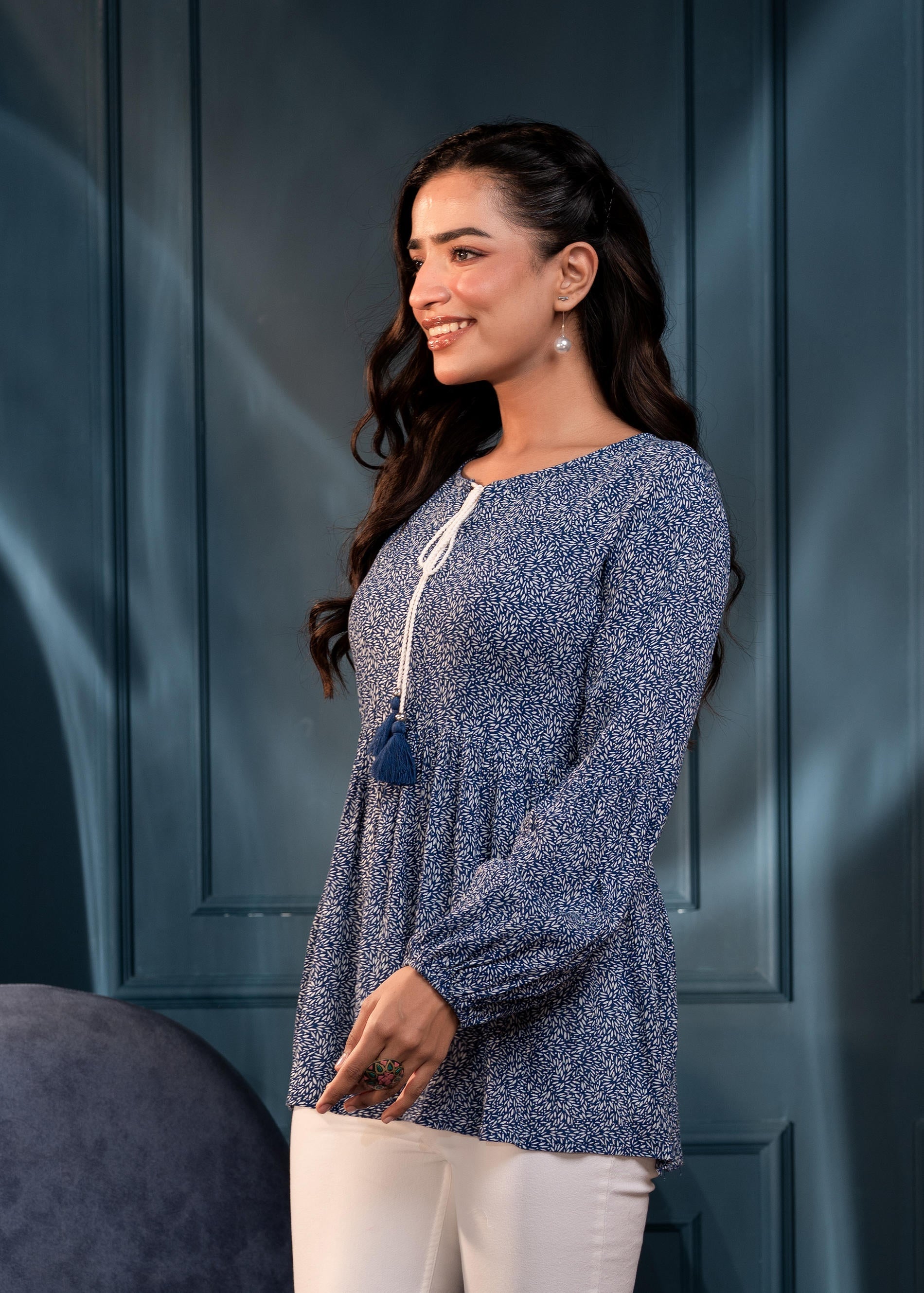 Blue Floral Printed Viscose GaThread Tunic with Dori Tie