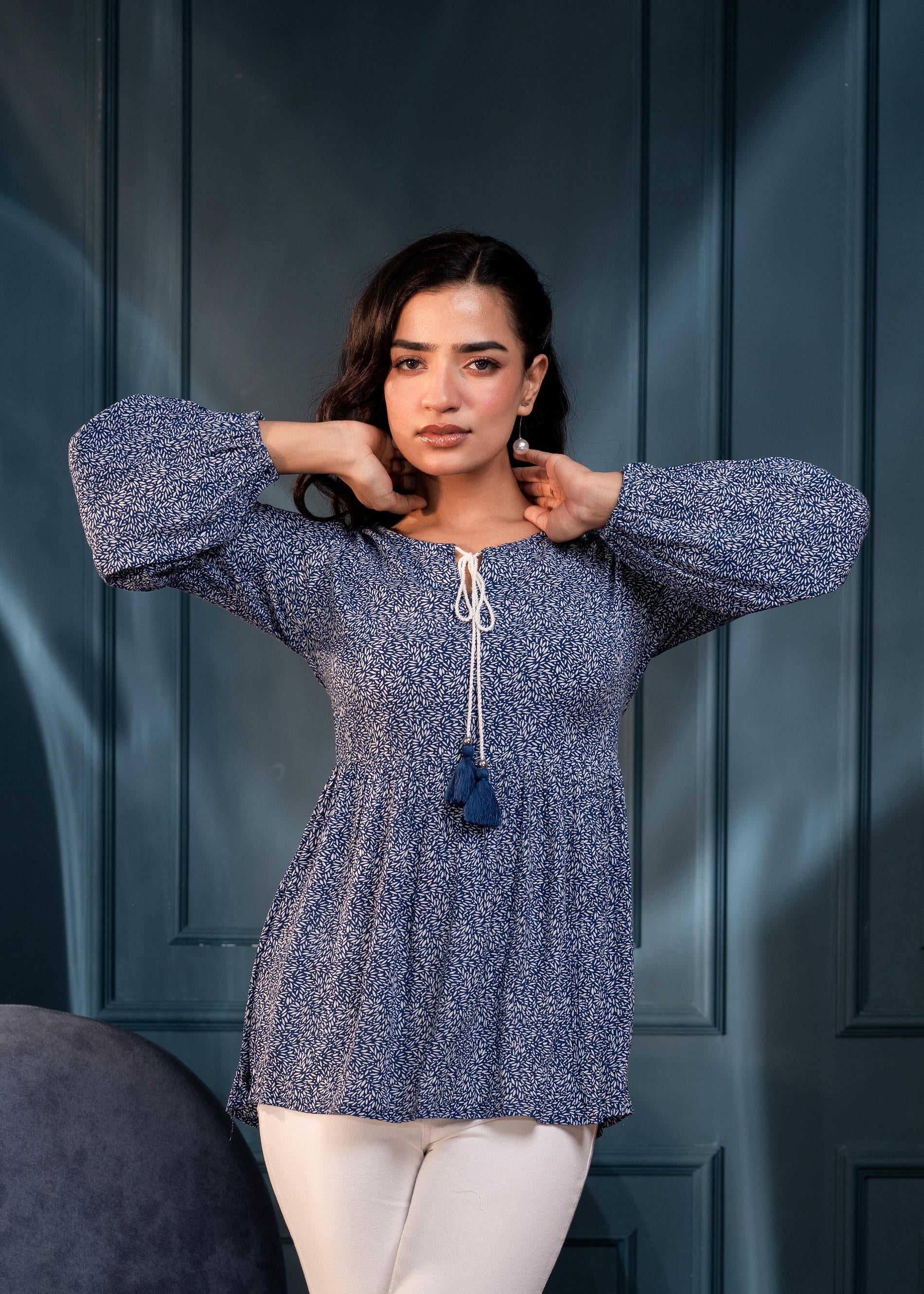 Blue Floral Printed Viscose GaThread Tunic with Dori Tie