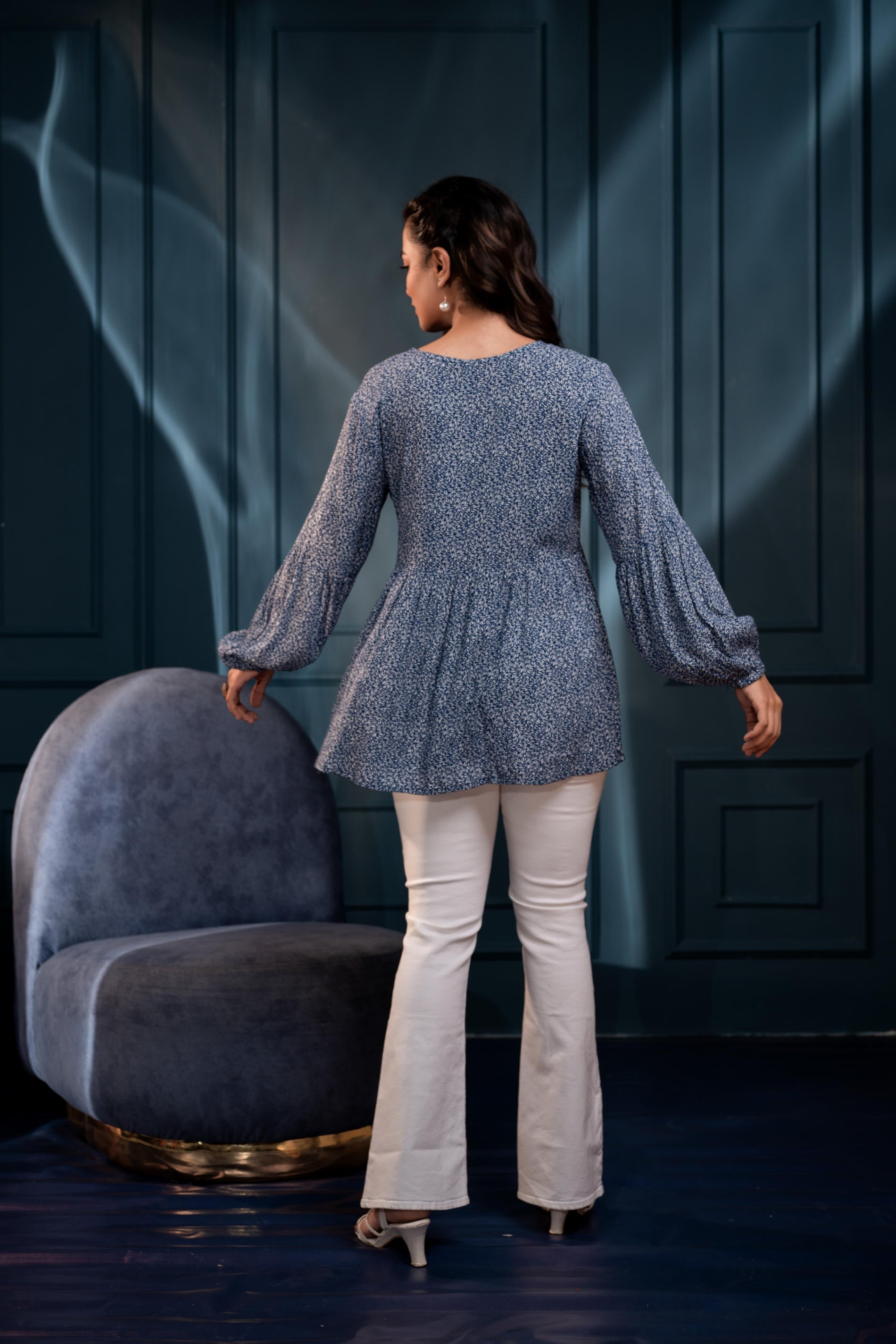 Blue Floral Printed Viscose GaThread Tunic with Dori Tie