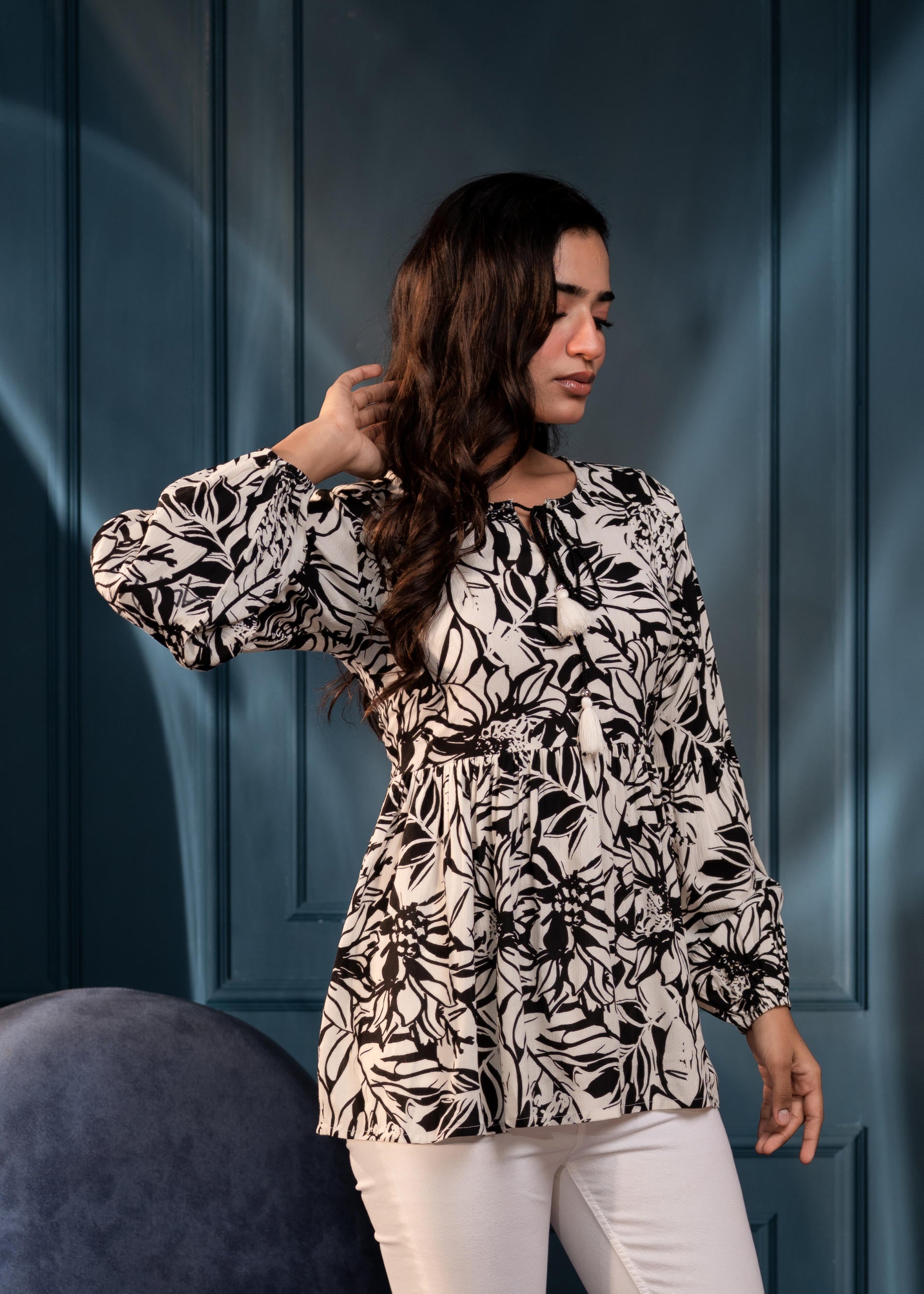 White Floral Printed Viscose GaThread Tunic with Dori Tie