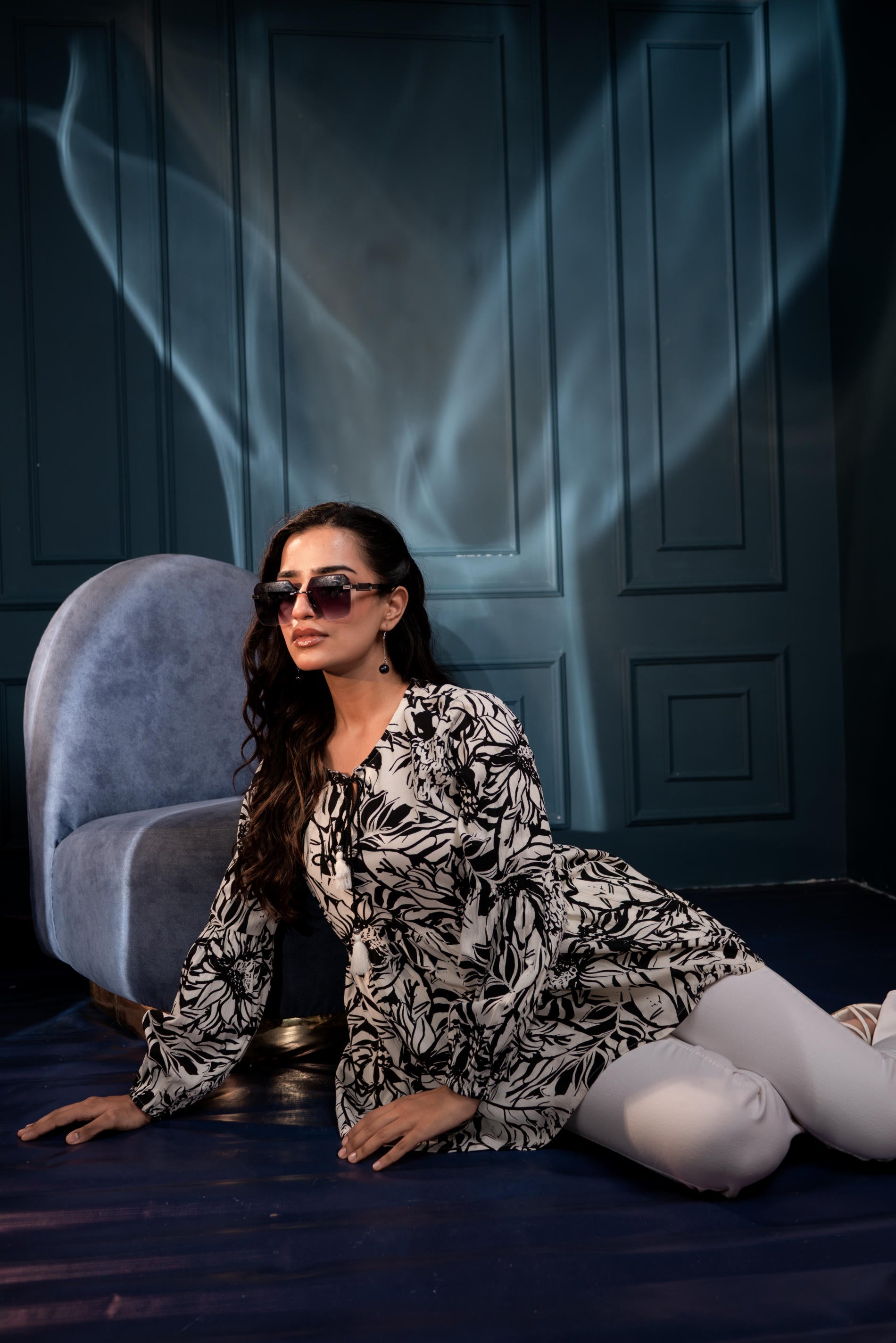 White Floral Printed Viscose GaThread Tunic with Dori Tie