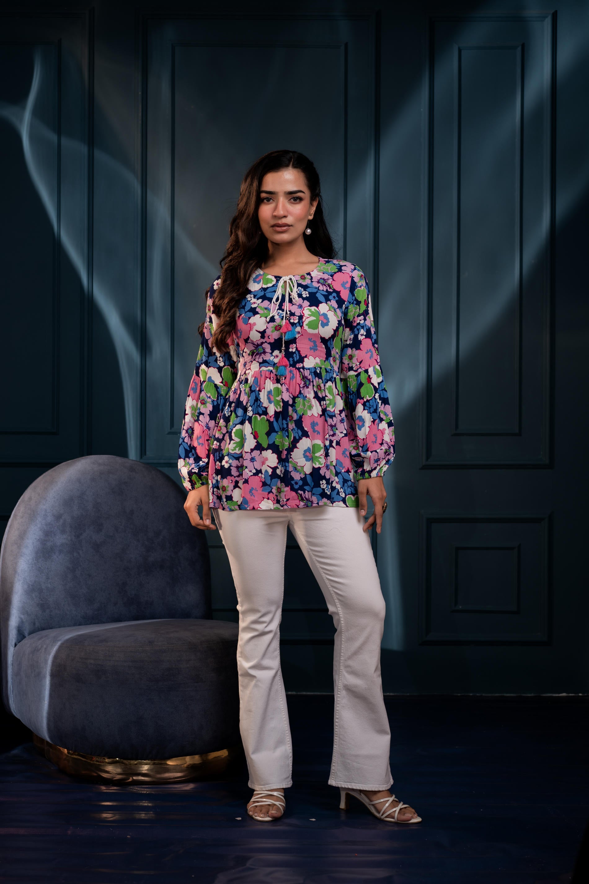 Multi Floral Printed Viscose GaThread Tunic with Dori Tie