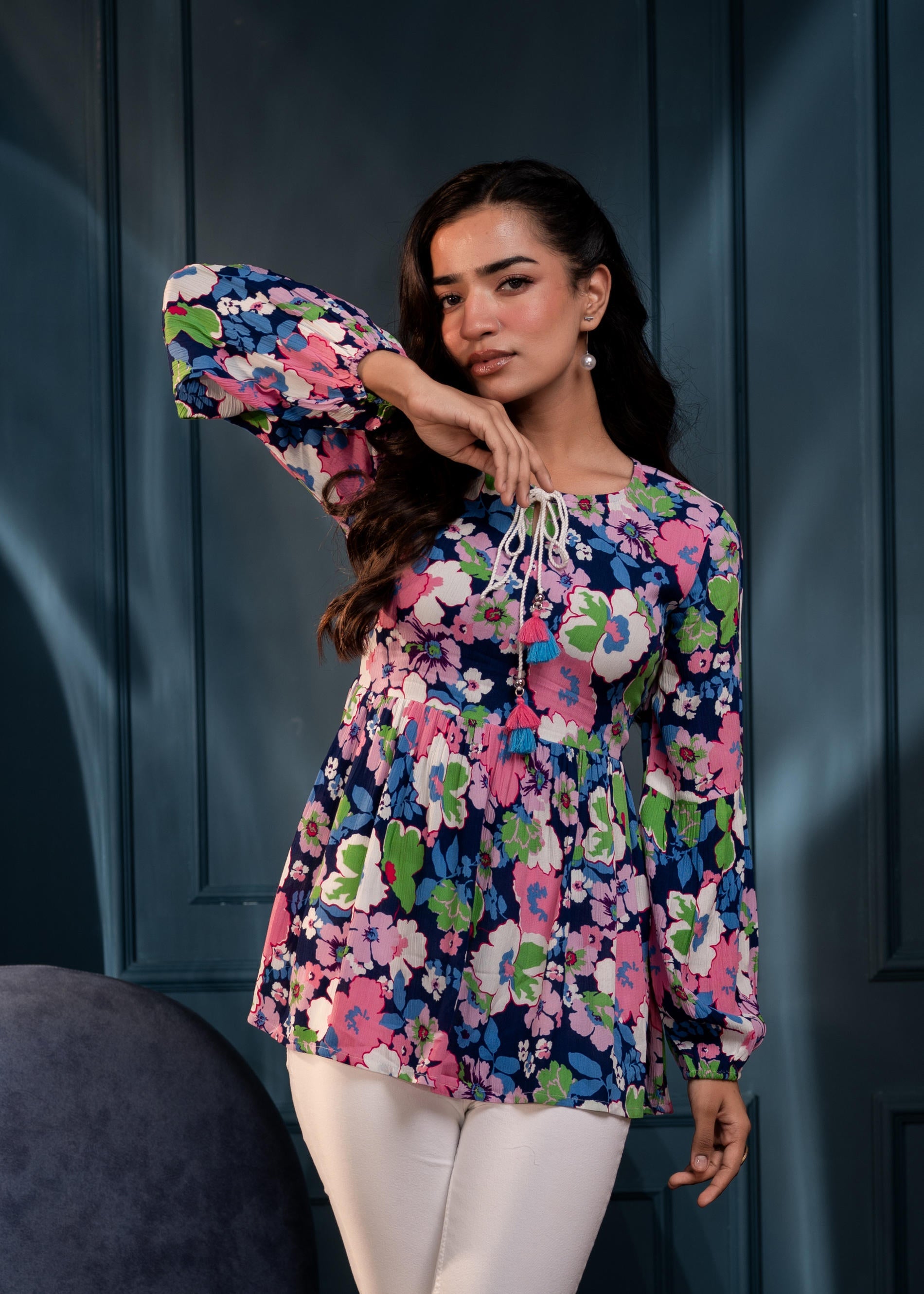 Multi Floral Printed Viscose GaThread Tunic with Dori Tie