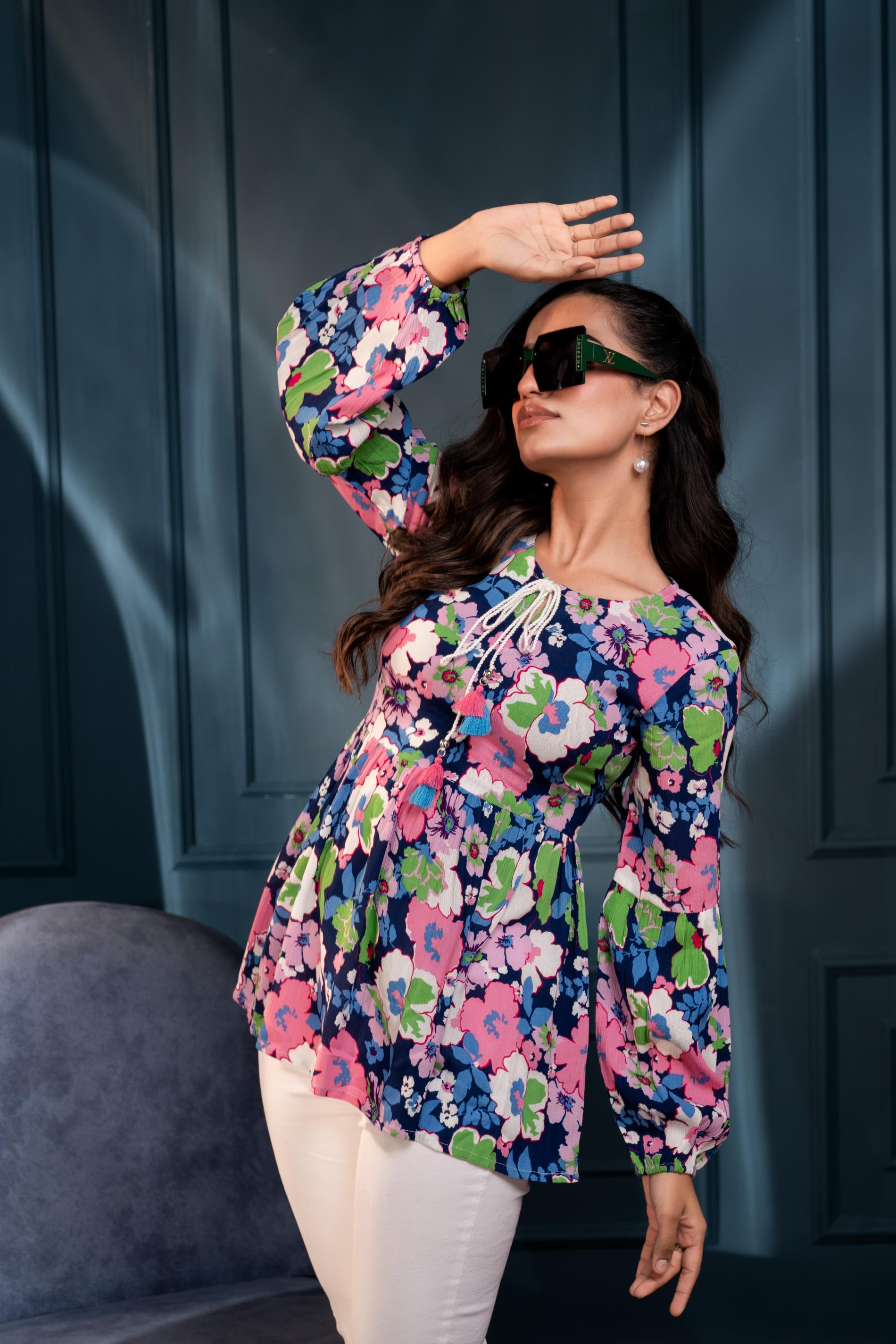 Multi Floral Printed Viscose GaThread Tunic with Dori Tie