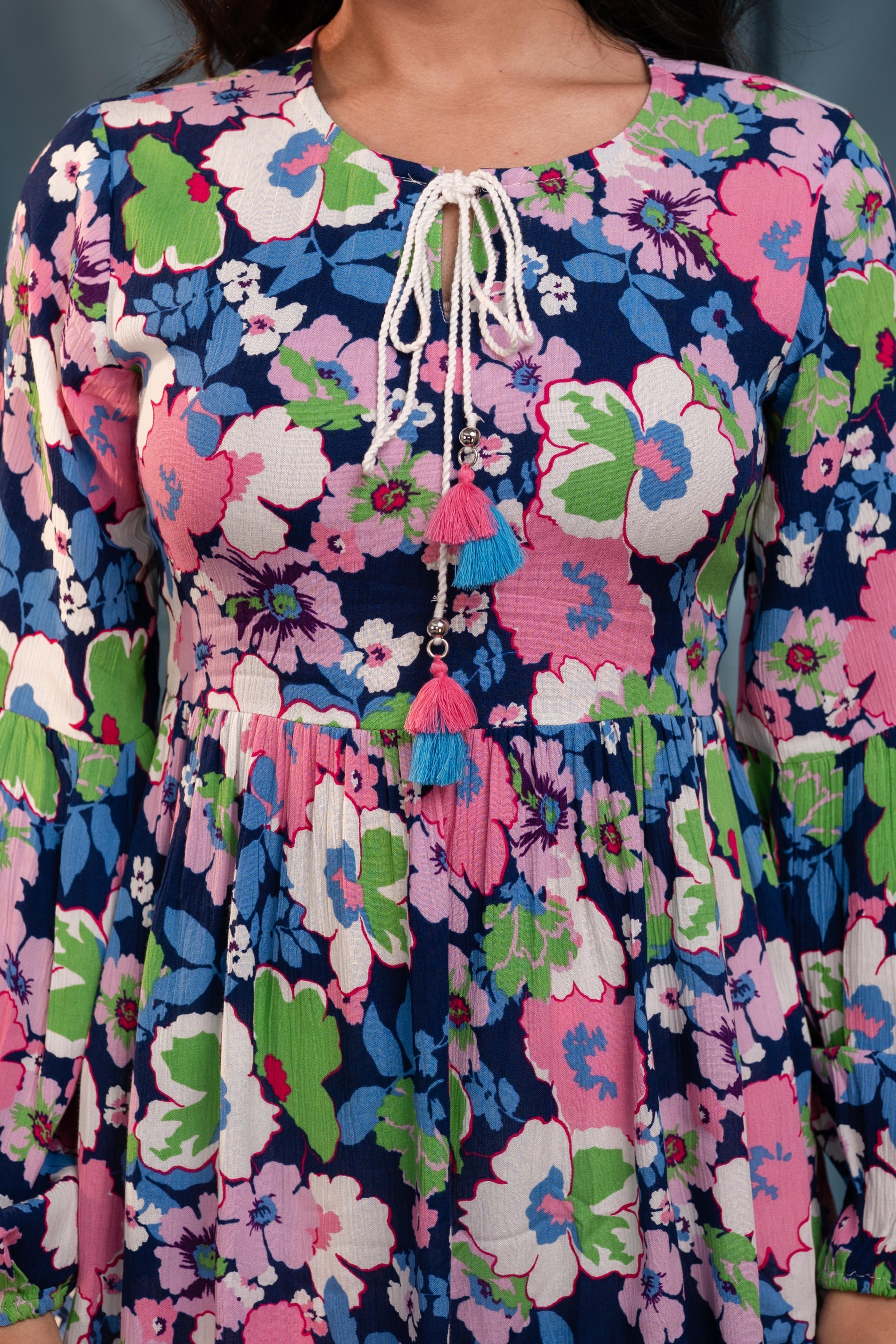 Multi Floral Printed Viscose GaThread Tunic with Dori Tie