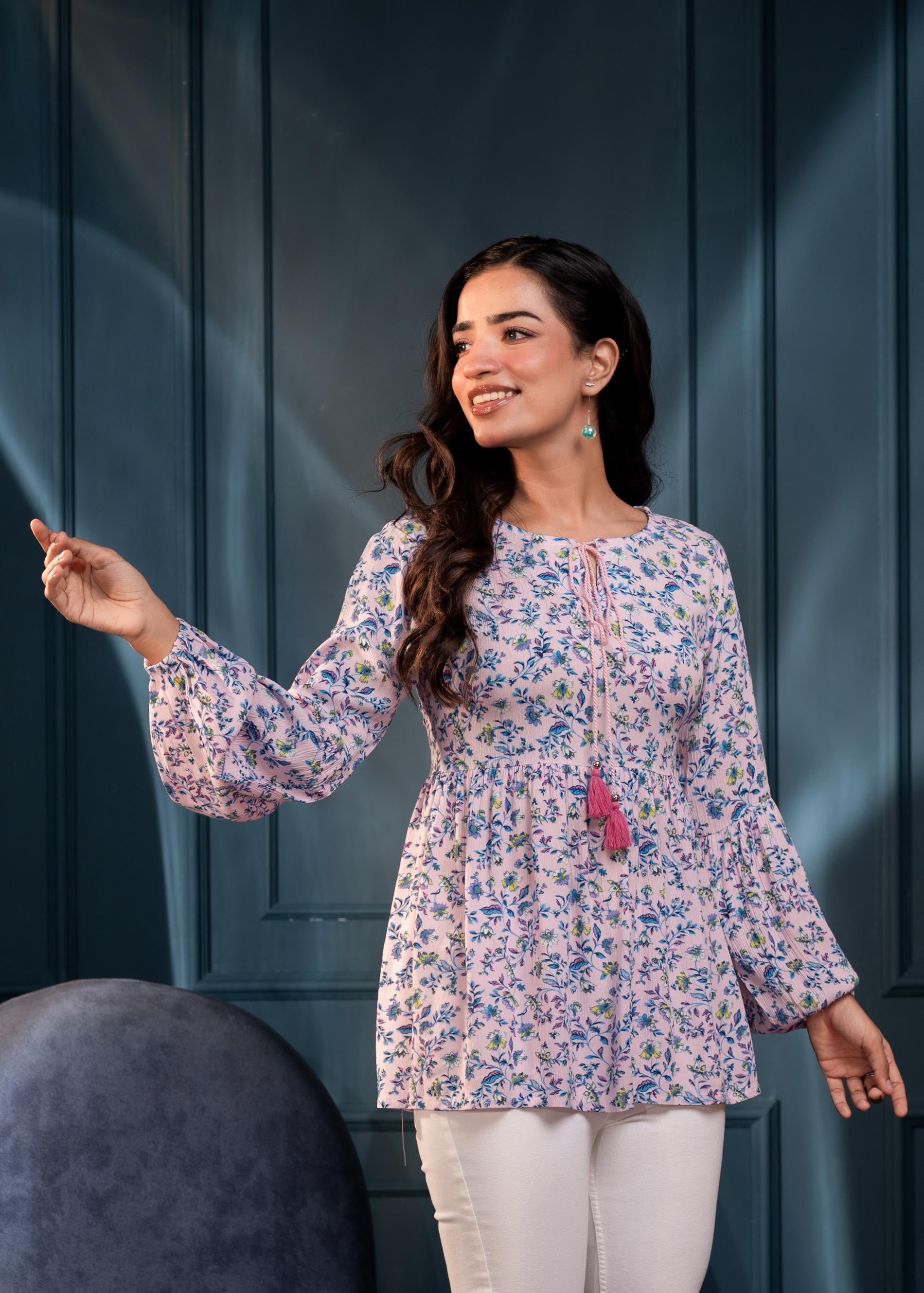Purple Floral Printed Viscose GaThread Tunic with Dori Tie