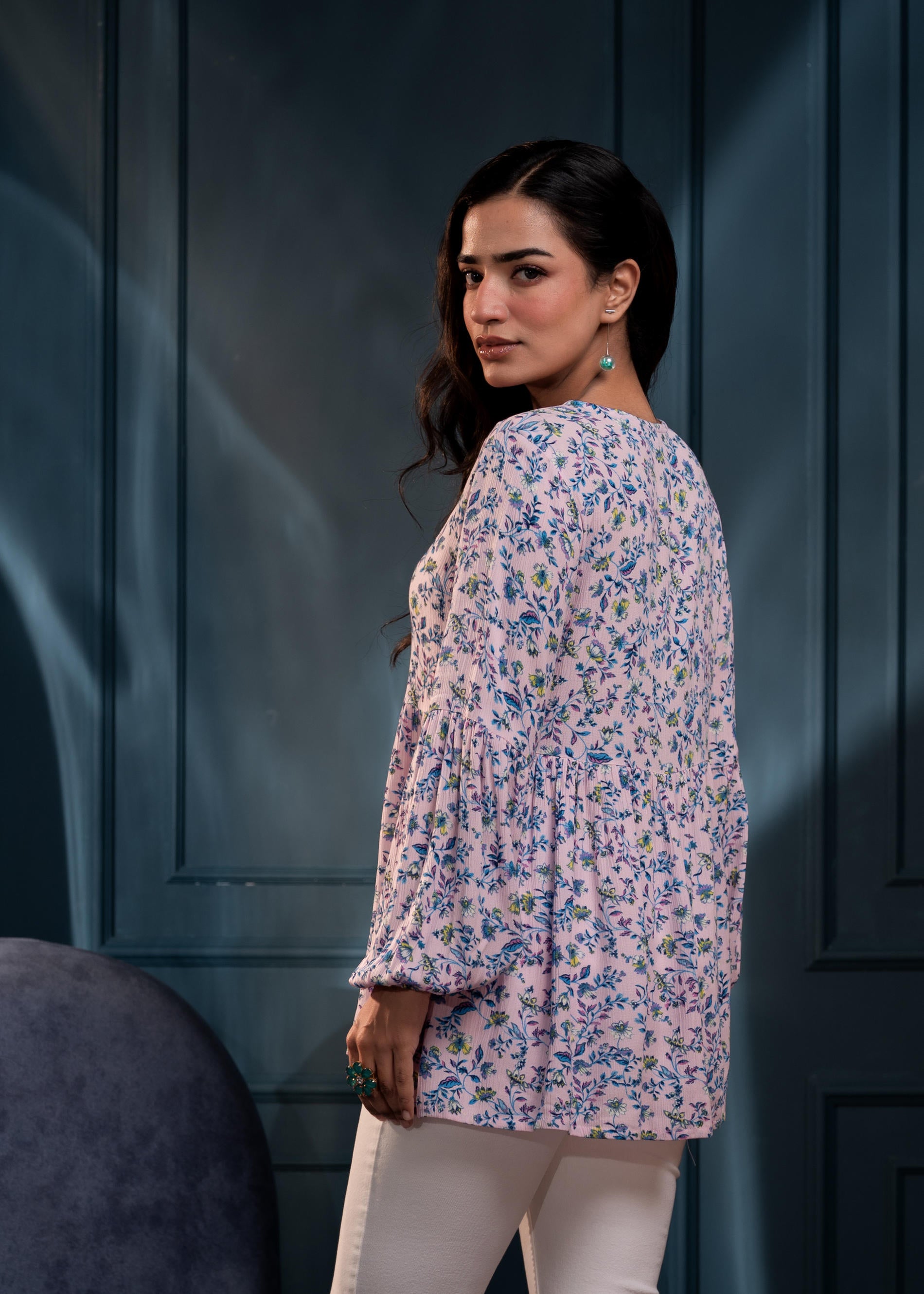 Purple Floral Printed Viscose GaThread Tunic with Dori Tie