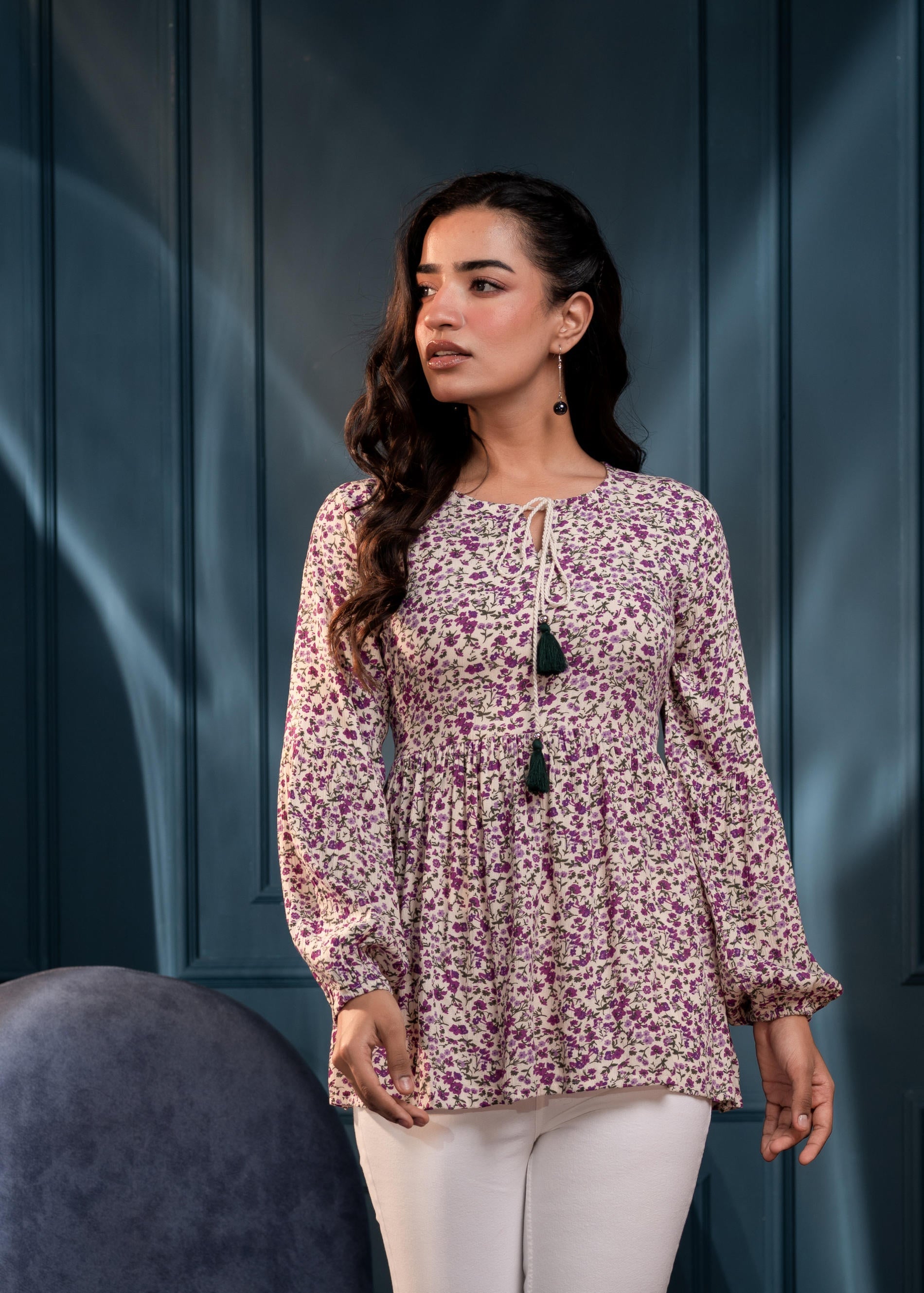 Purple Floral Printed Viscose GaThread Tunic with Dori Tie