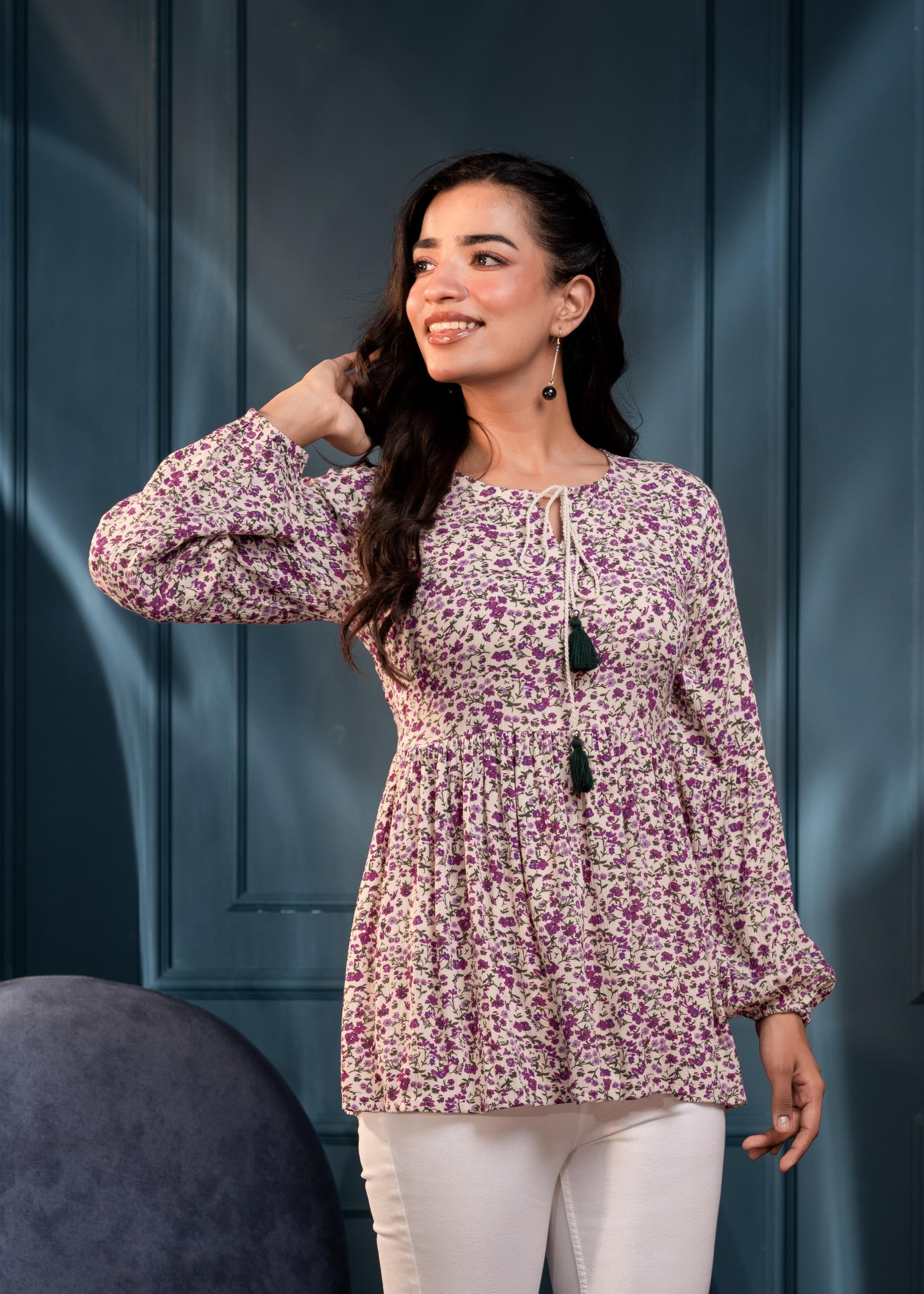 Purple Floral Printed Viscose GaThread Tunic with Dori Tie