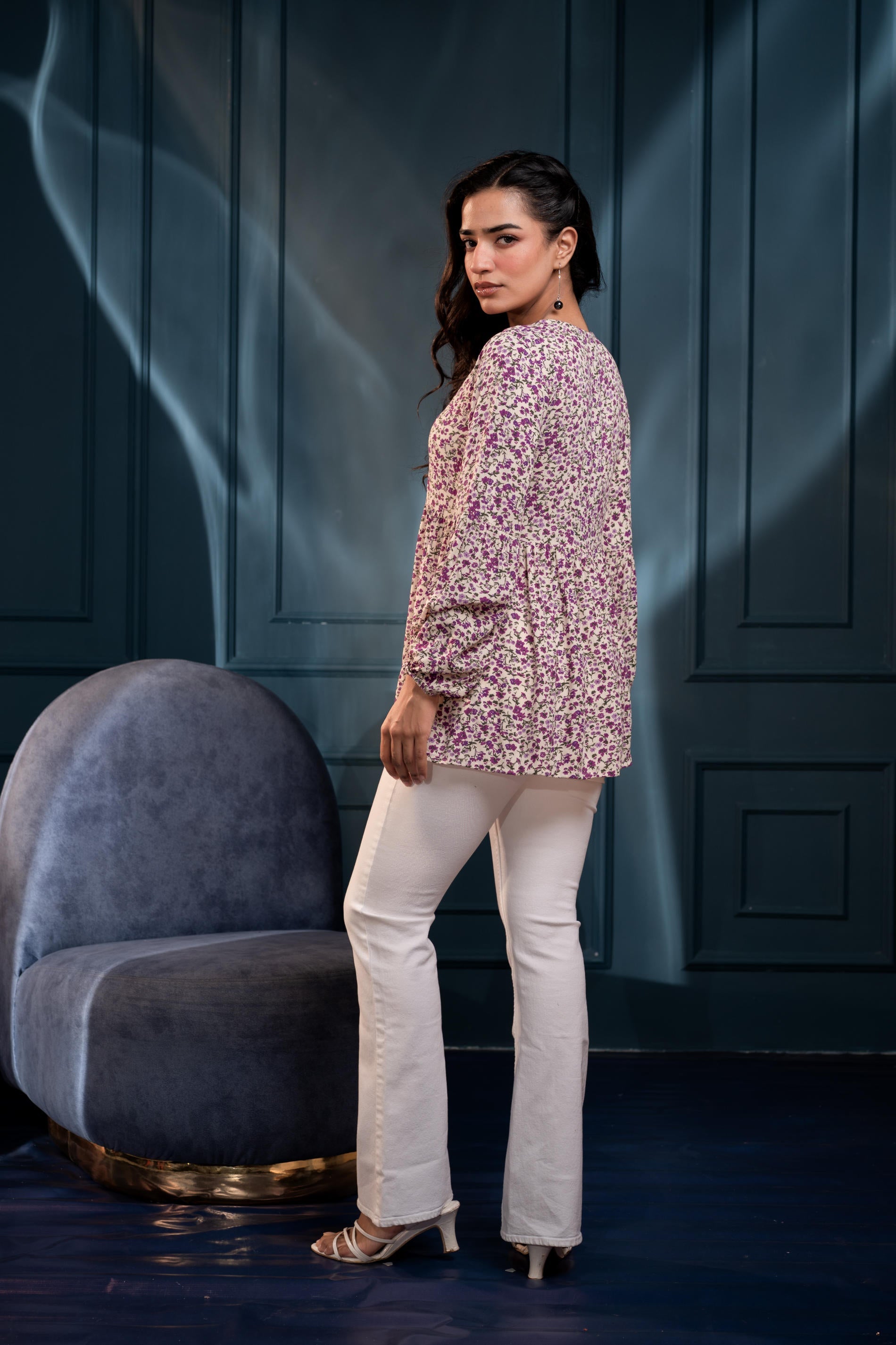 Purple Floral Printed Viscose GaThread Tunic with Dori Tie