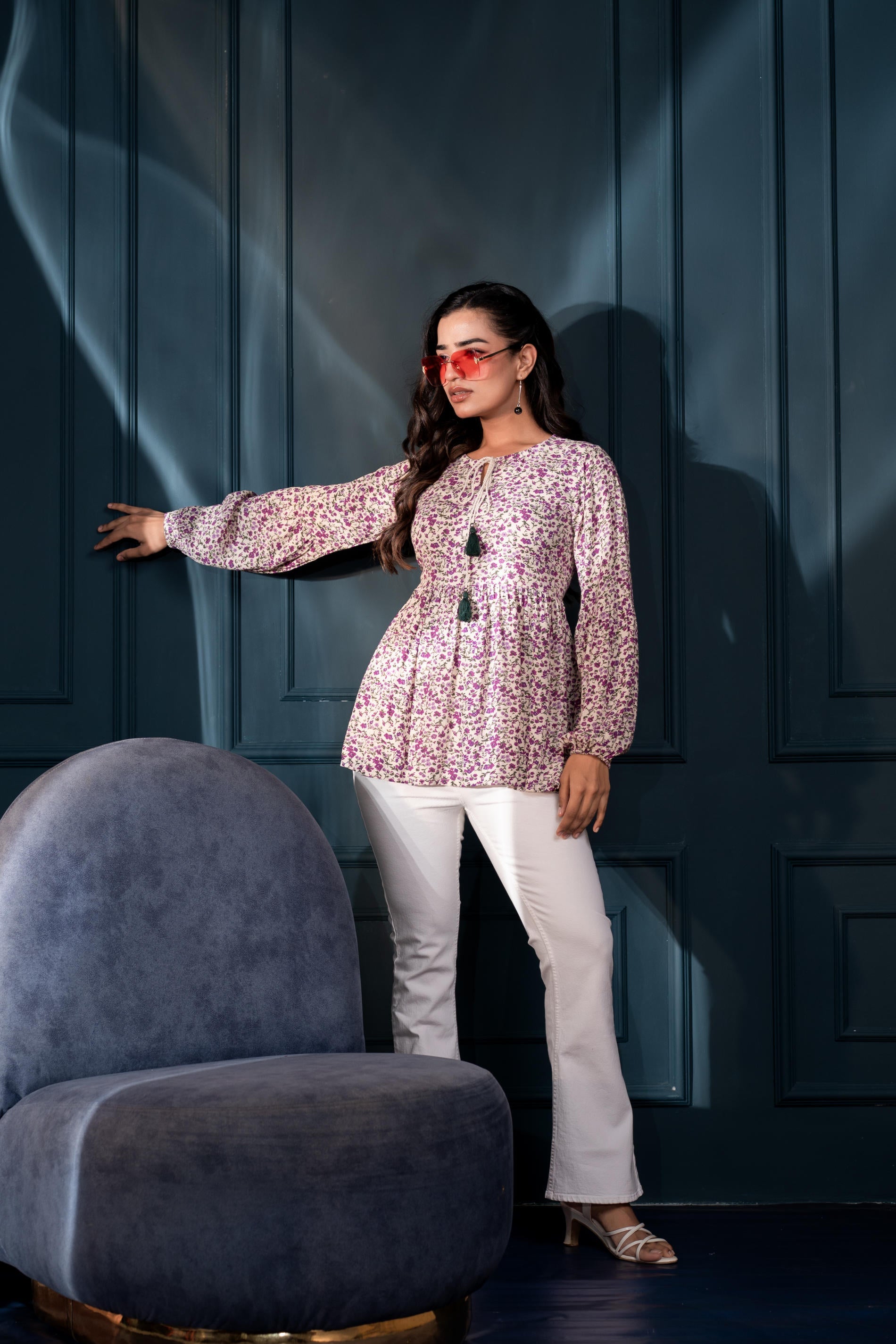 Purple Floral Printed Viscose GaThread Tunic with Dori Tie