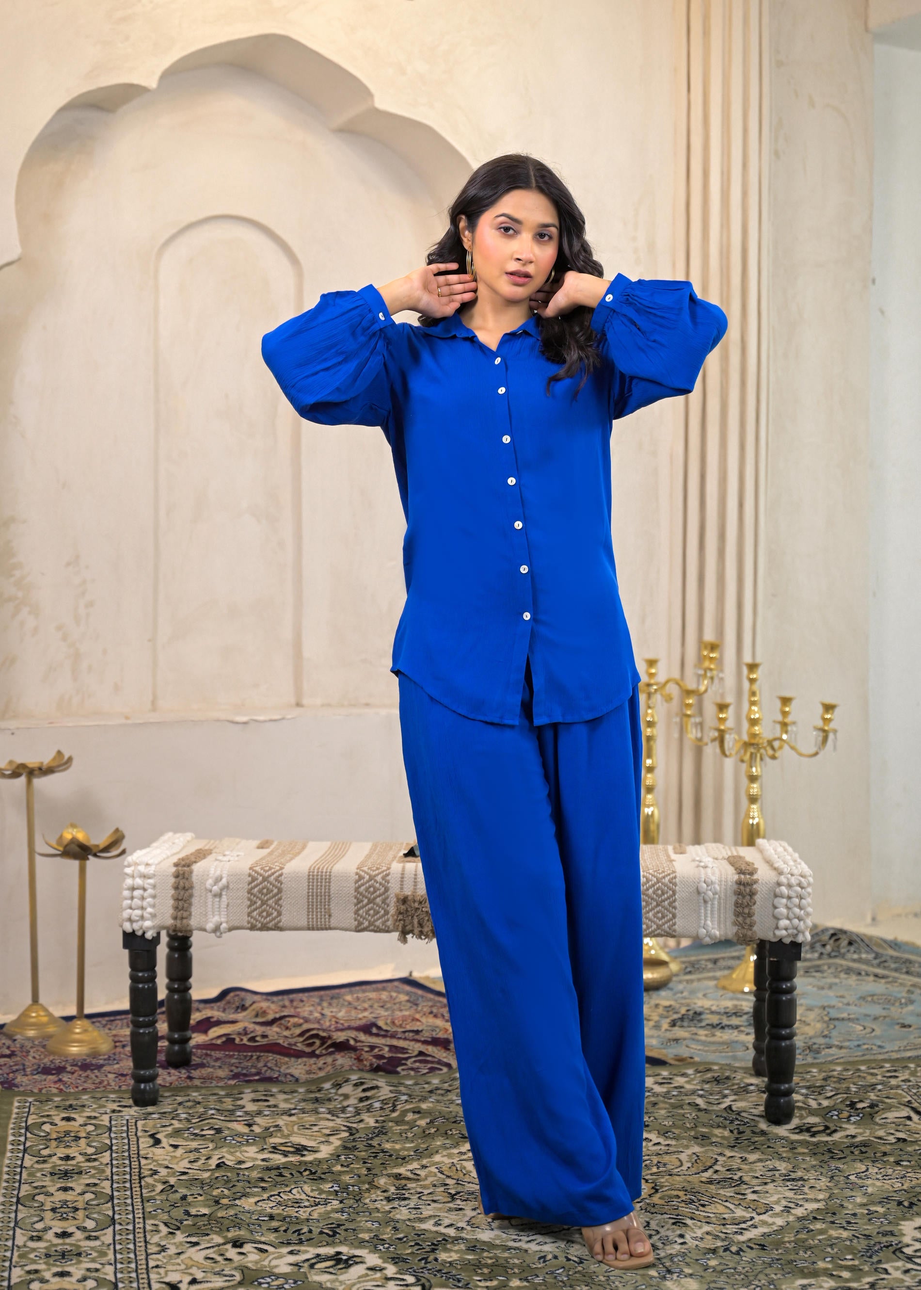 Royal Blue Viscose Co-ord Set – Shirt & Palazzo with Parsley Waistband