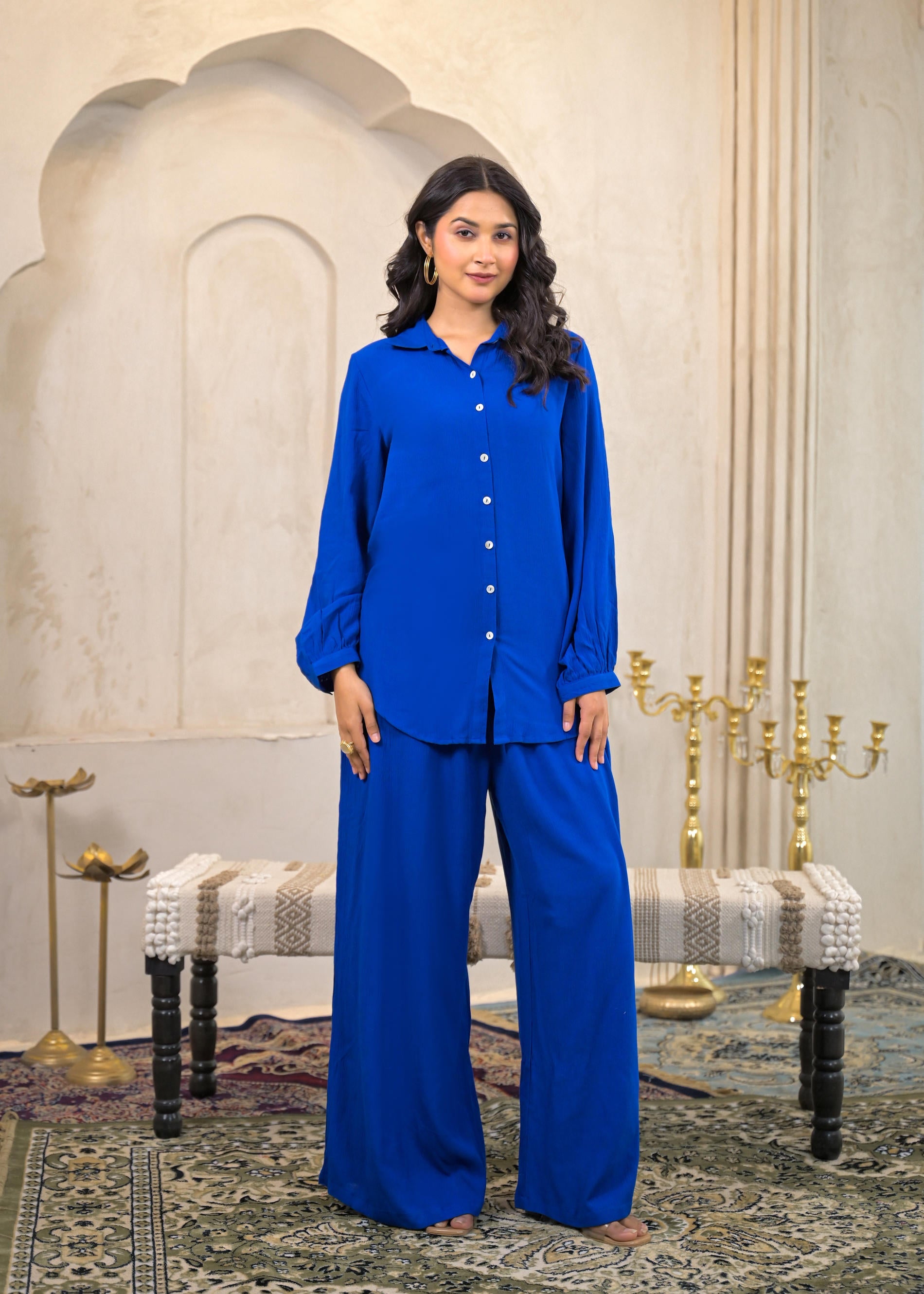 Royal Blue Viscose Co-ord Set – Shirt & Palazzo with Parsley Waistband