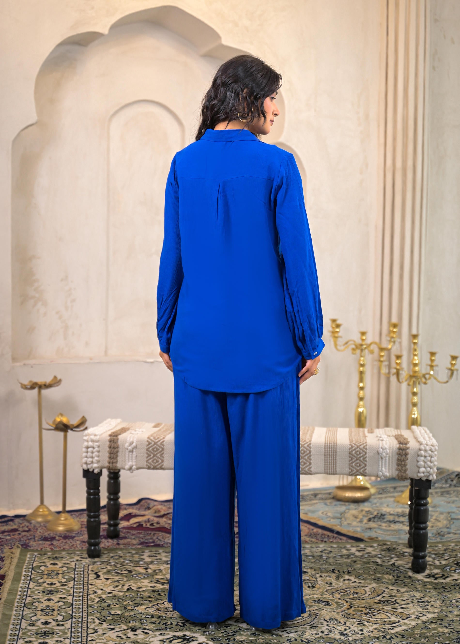 Royal Blue Viscose Co-ord Set – Shirt & Palazzo with Parsley Waistband