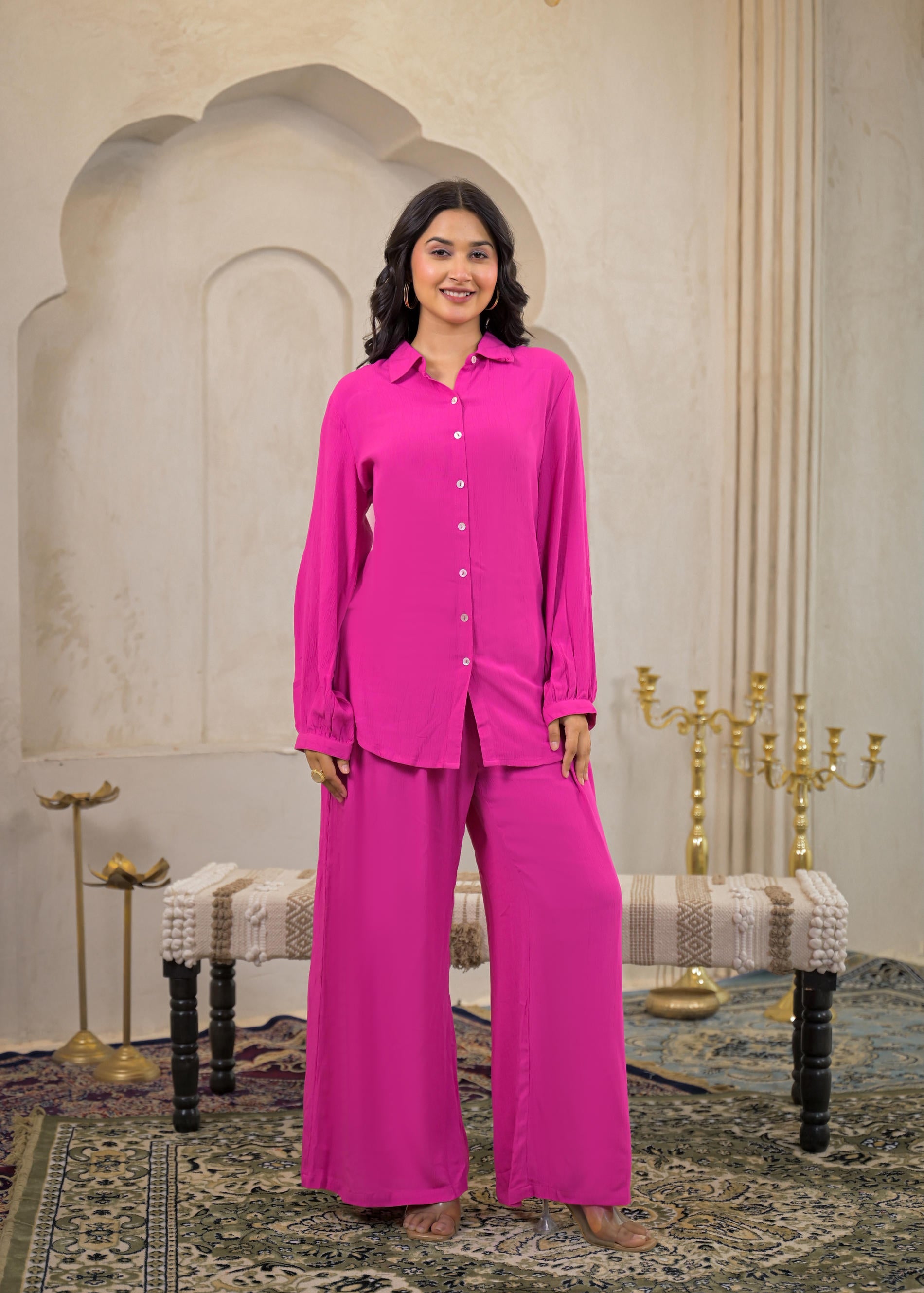 Pink Viscose Co-ord Set – Shirt & Palazzo with Parsley Waistband
