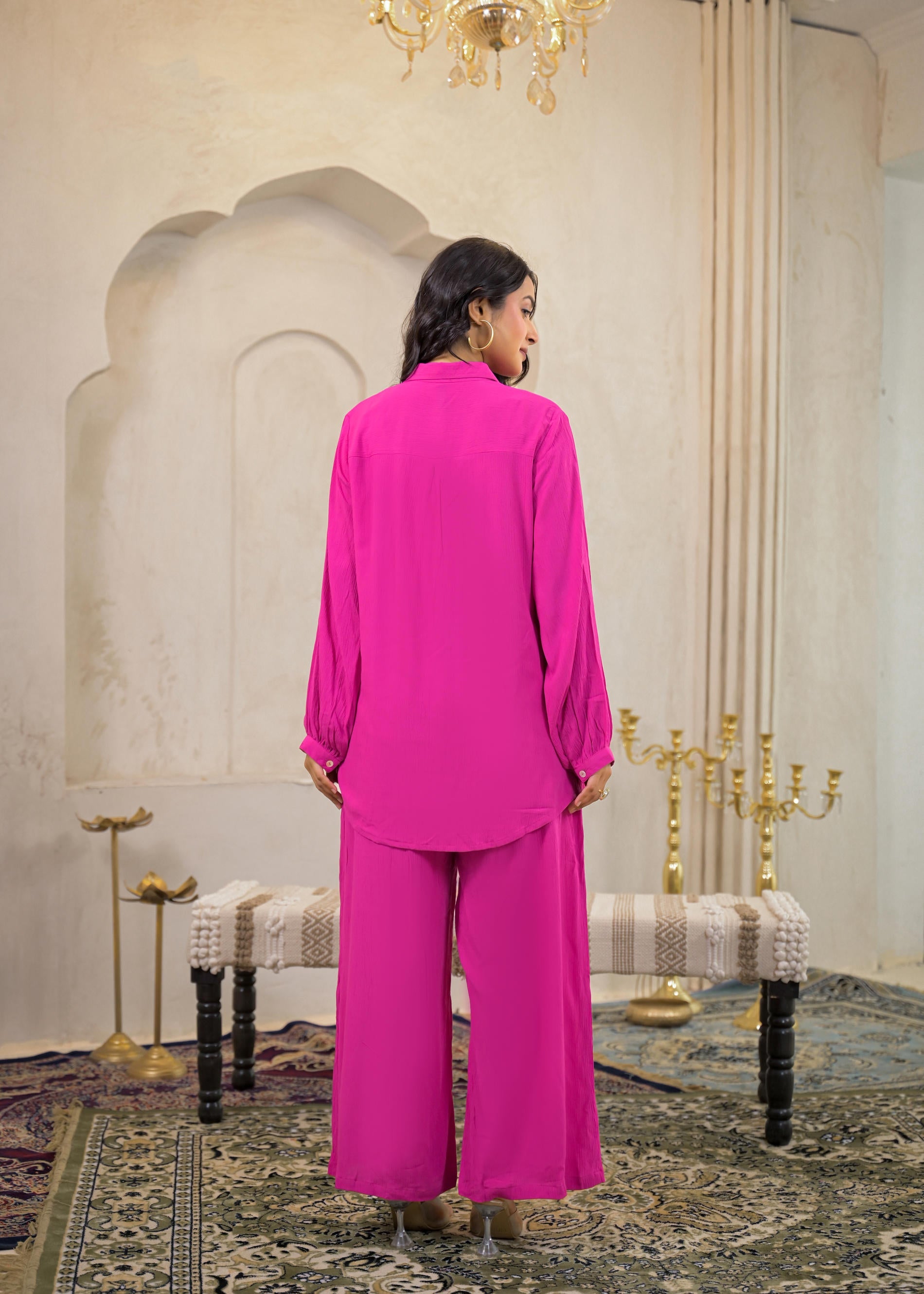Pink Viscose Co-ord Set – Shirt & Palazzo with Parsley Waistband