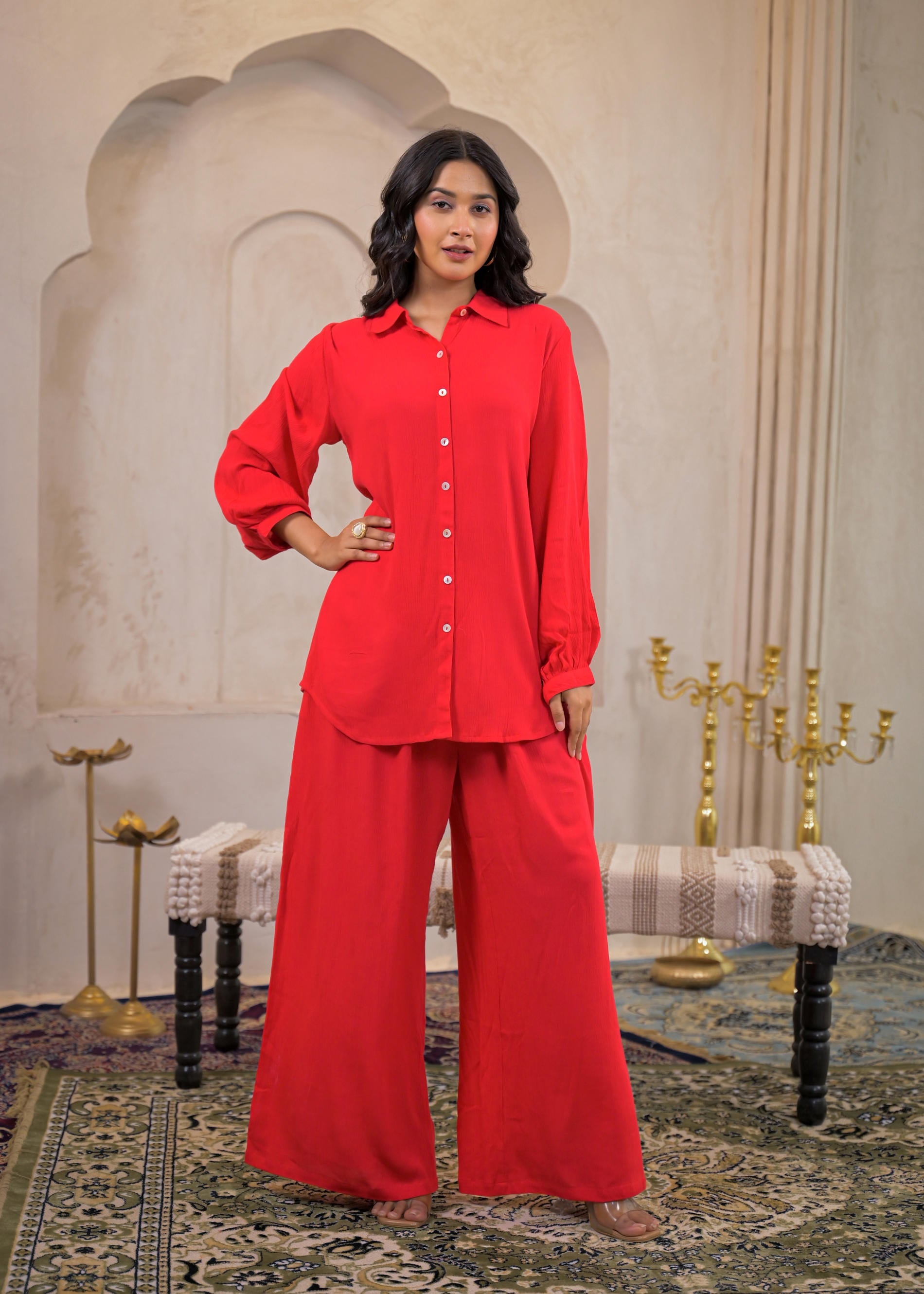 Red Viscose Co-ord Set – Shirt & Palazzo with Parsley Waistband
