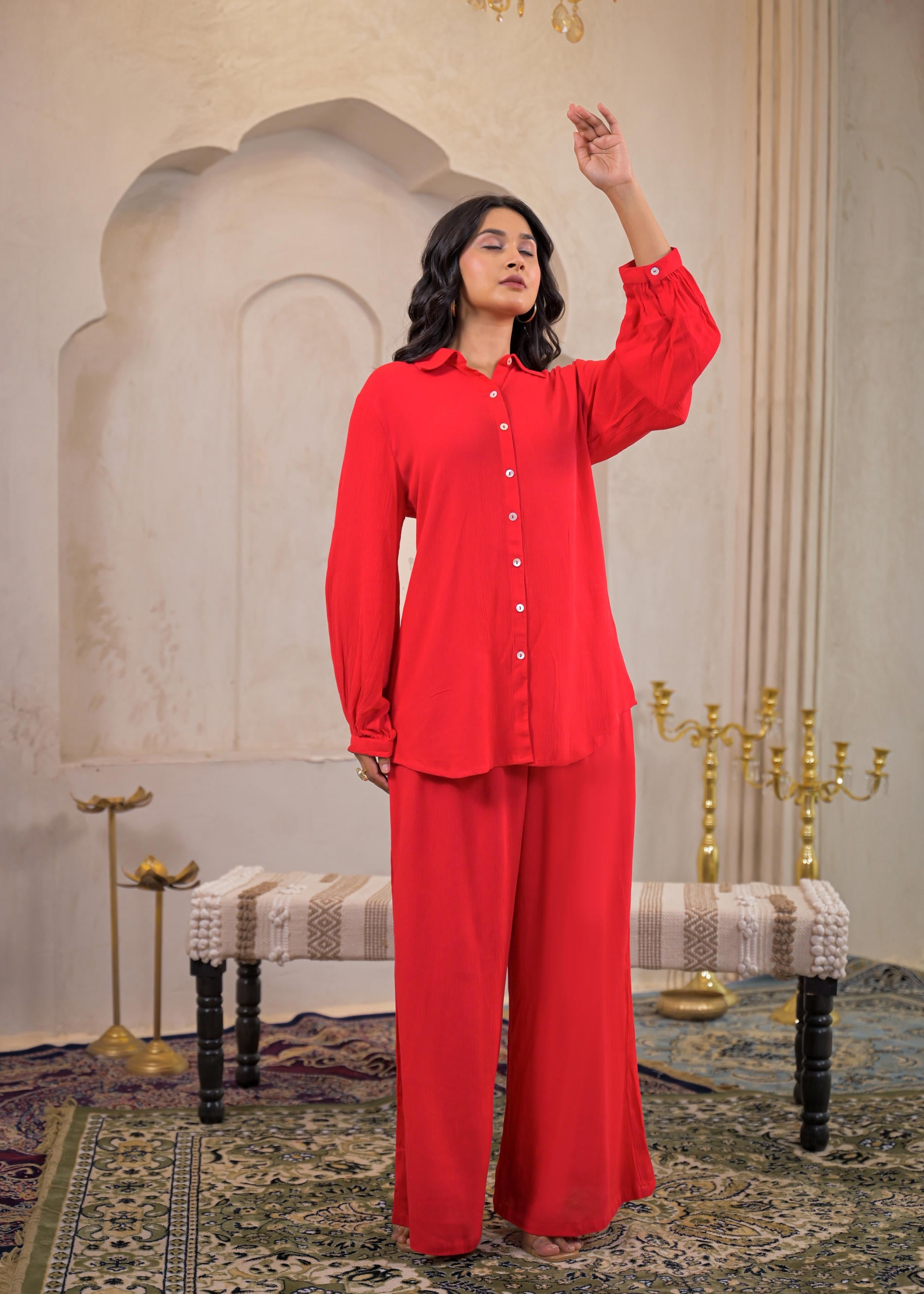 Red Viscose Co-ord Set – Shirt & Palazzo with Parsley Waistband