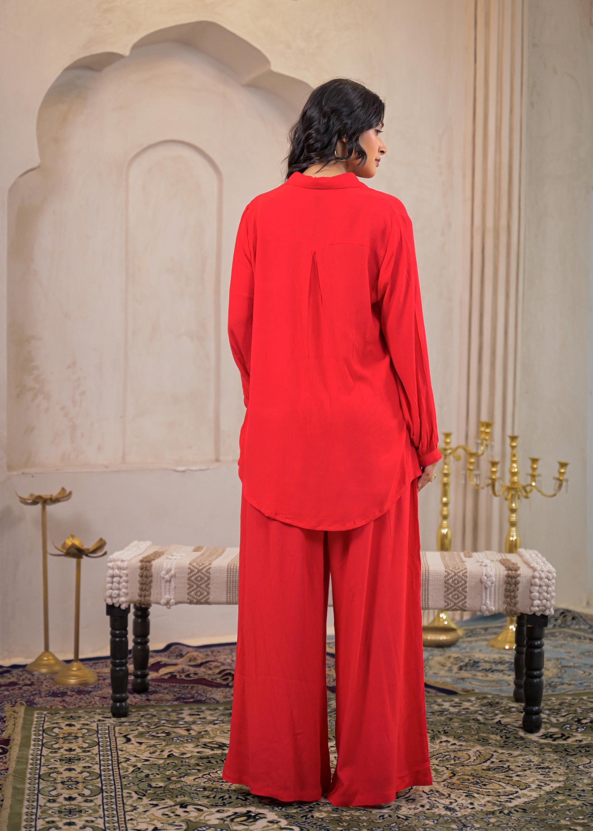 Red Viscose Co-ord Set – Shirt & Palazzo with Parsley Waistband