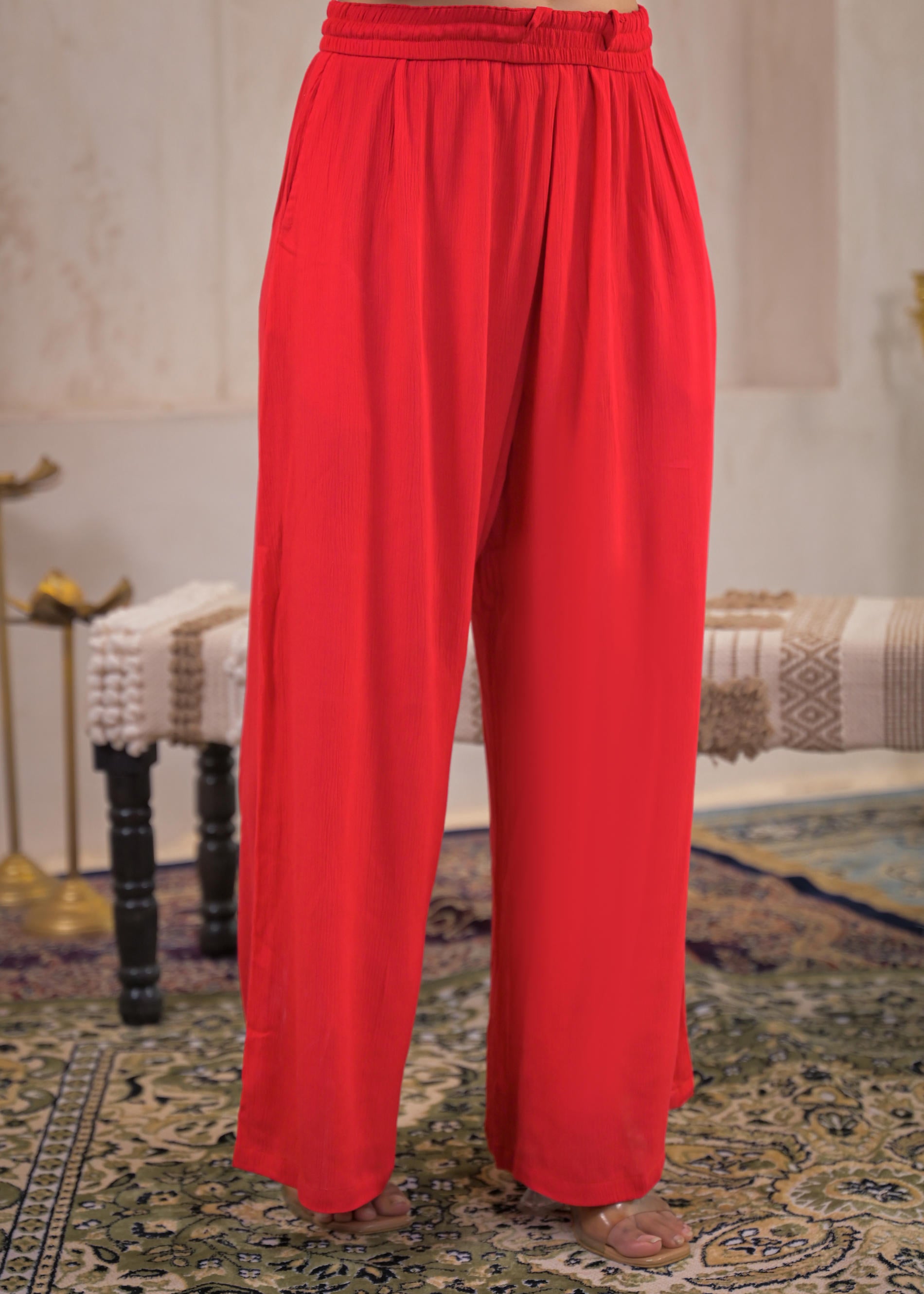 Red Viscose Co-ord Set – Shirt & Palazzo with Parsley Waistband