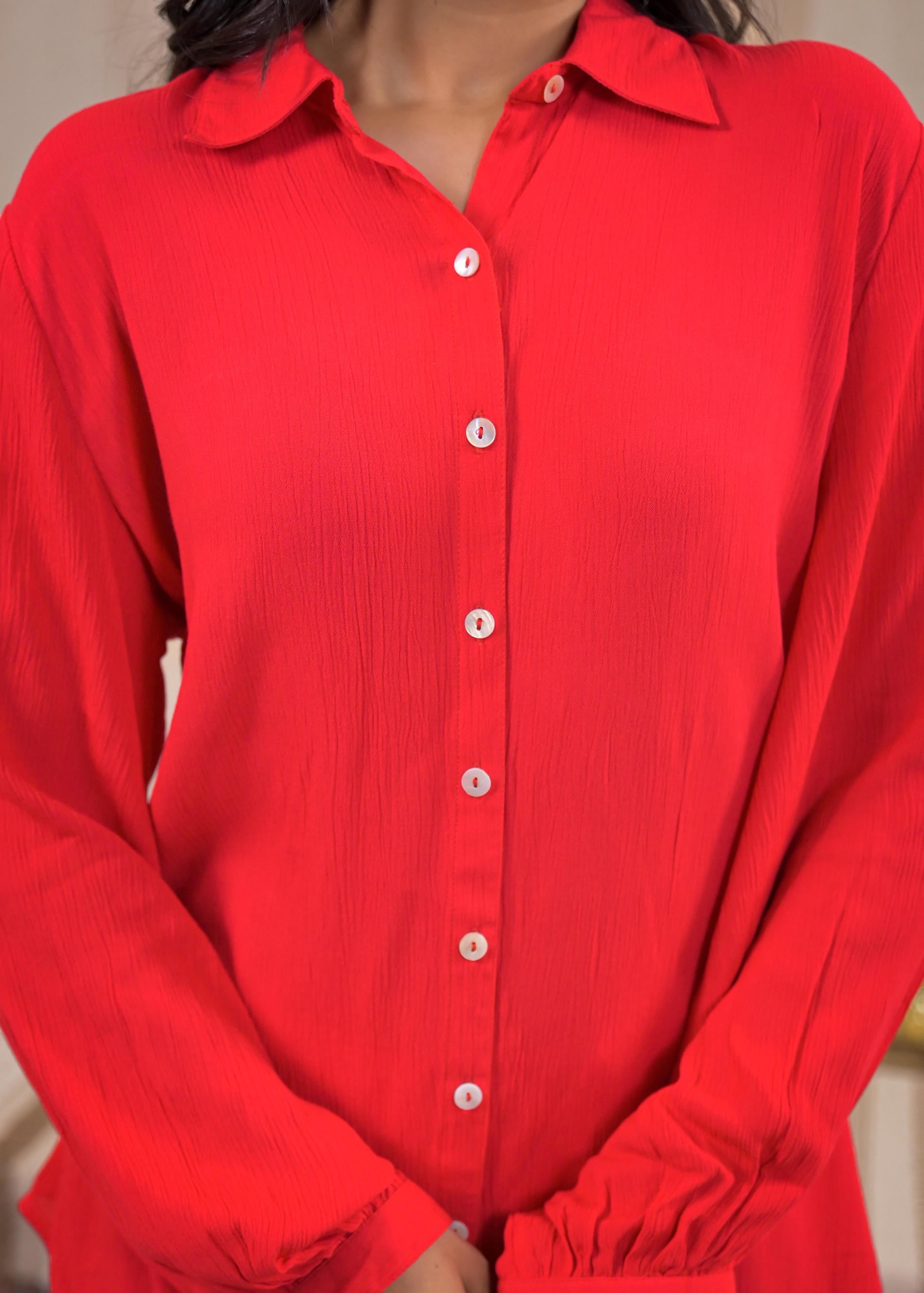 Red Viscose Co-ord Set – Shirt & Palazzo with Parsley Waistband
