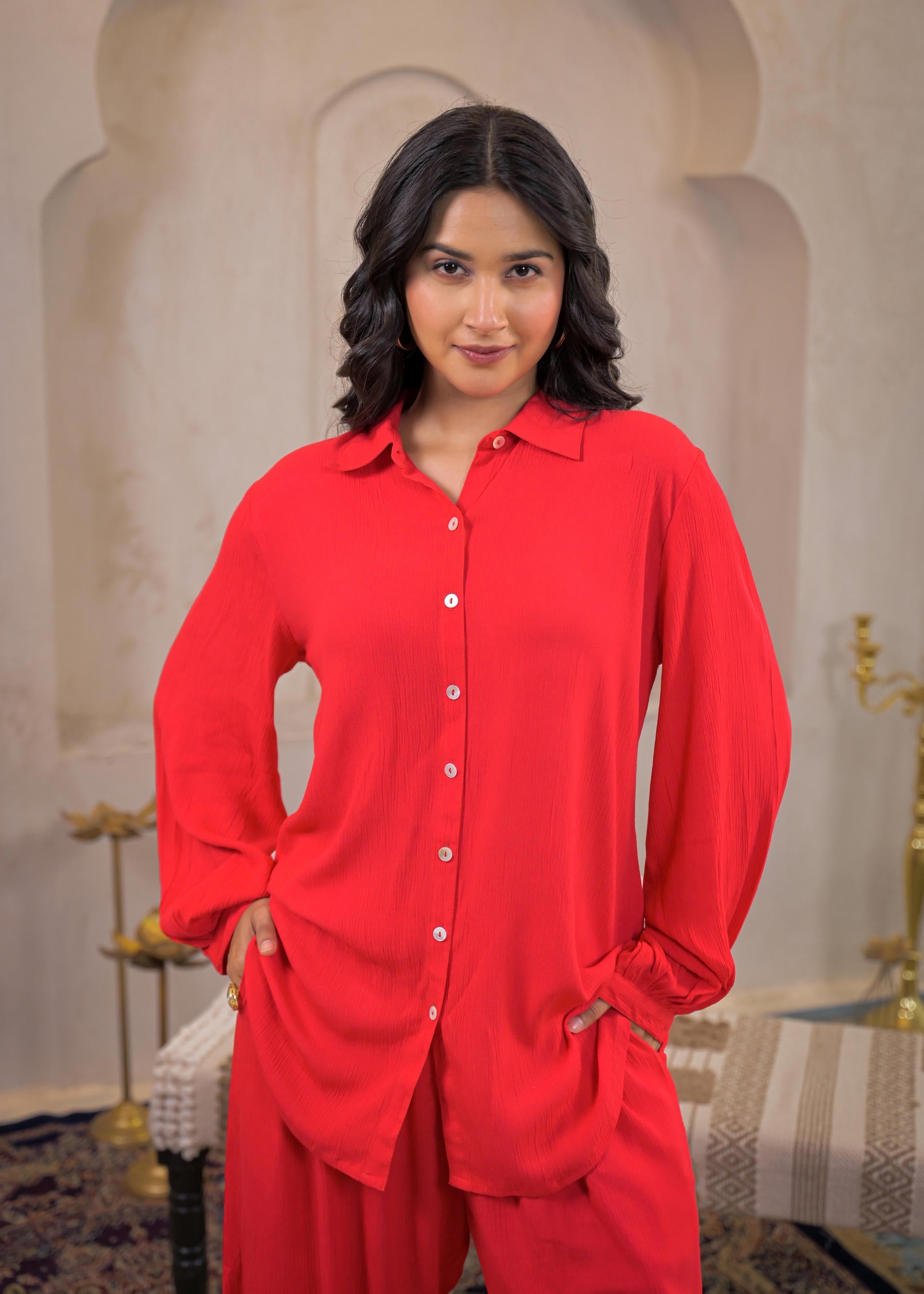 Red Viscose Co-ord Set – Shirt & Palazzo with Parsley Waistband