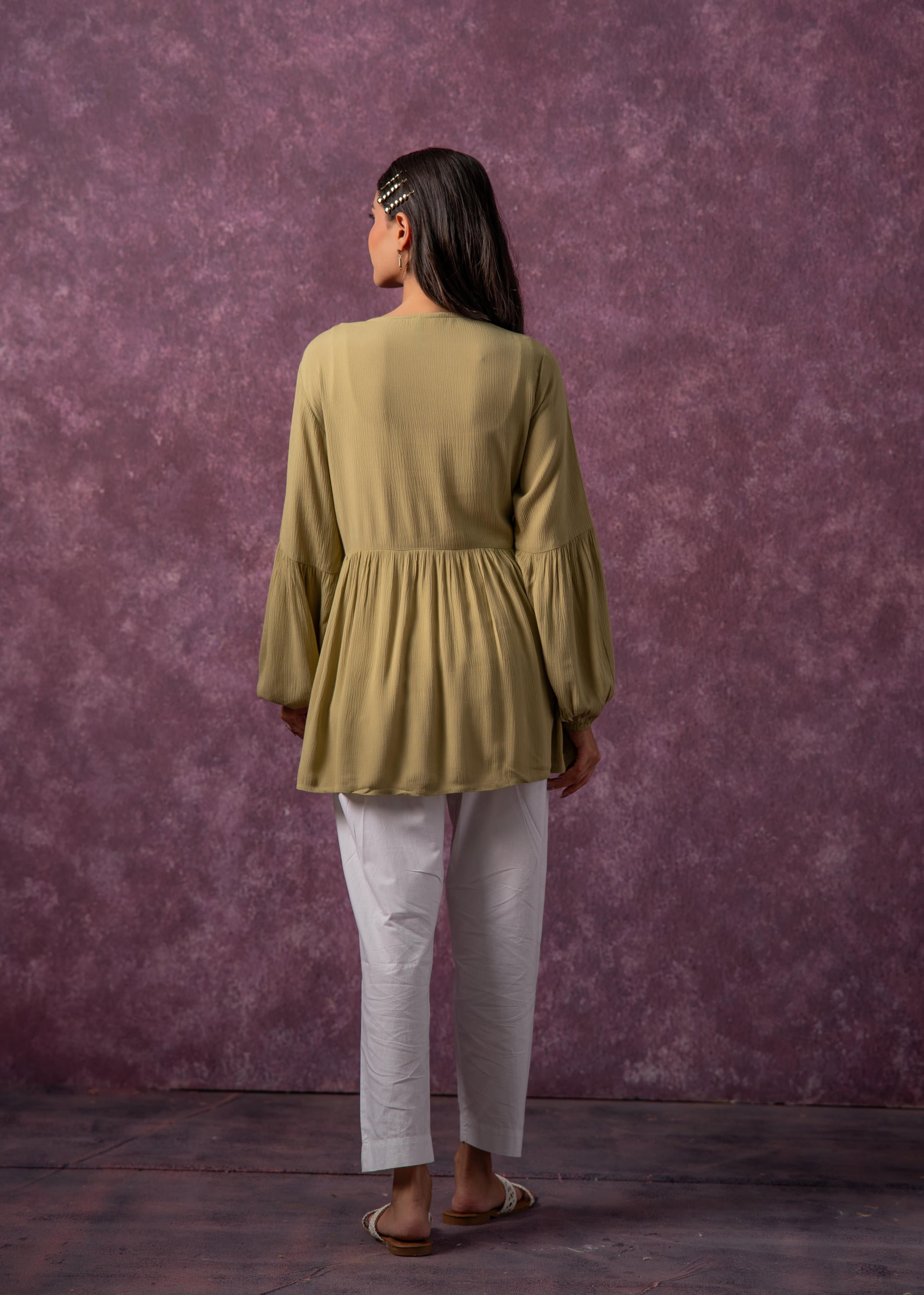 Women's Green, Mustard & White Embroidered Viscose Tunic with Dori and Tassels