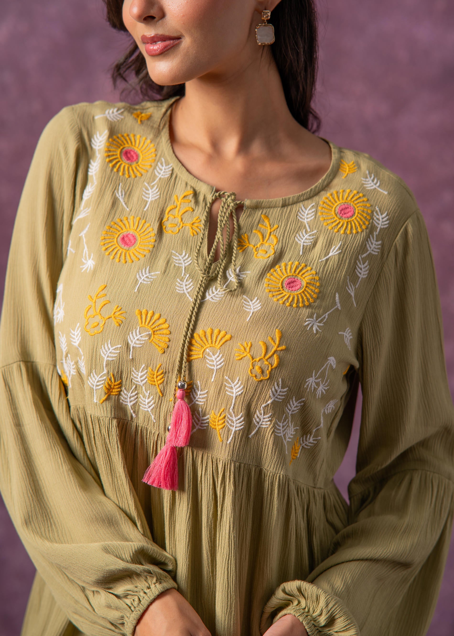 Women's Green, Mustard & White Embroidered Viscose Tunic with Dori and Tassels