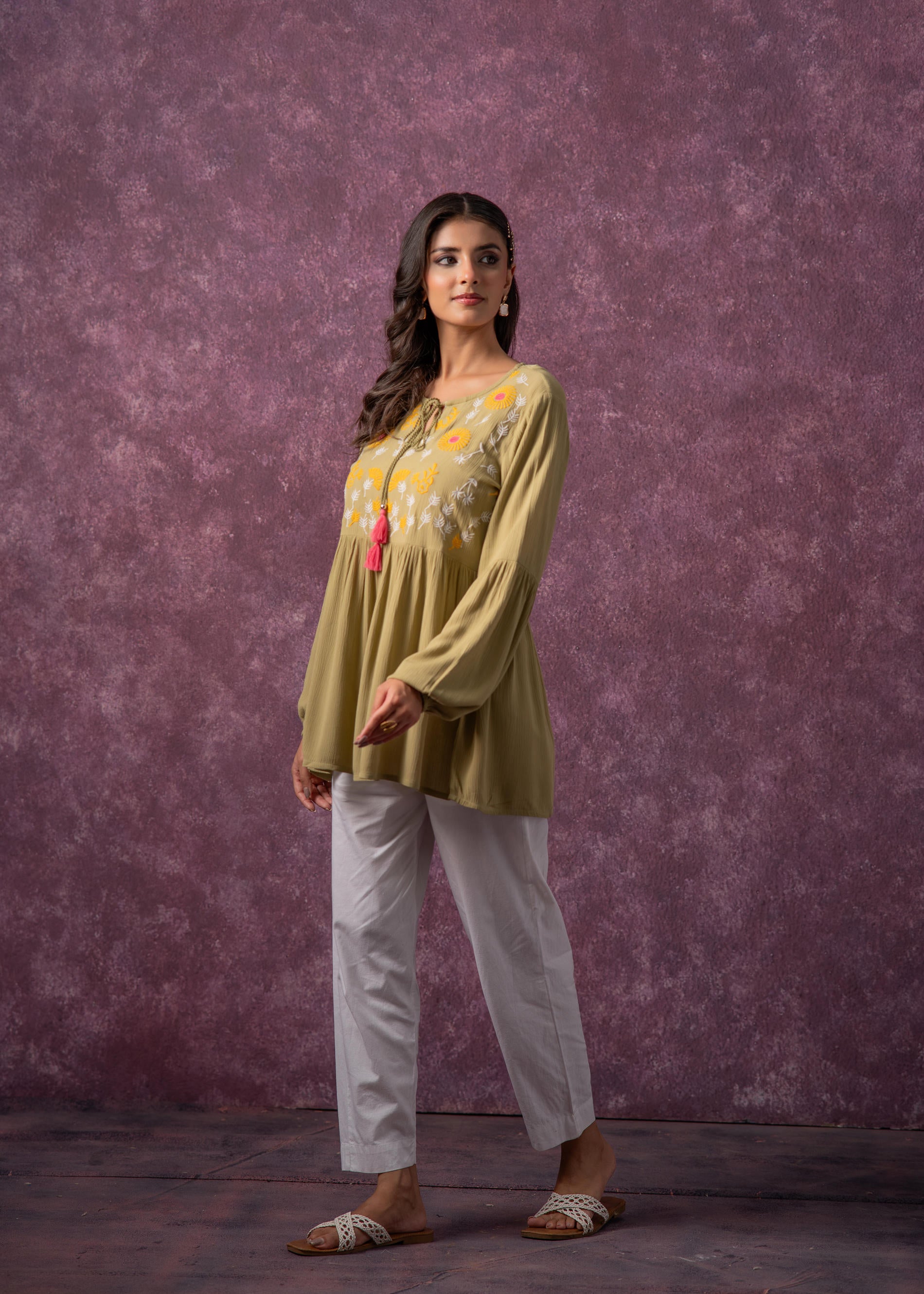 Women's Green, Mustard & White Embroidered Viscose Tunic with Dori and Tassels