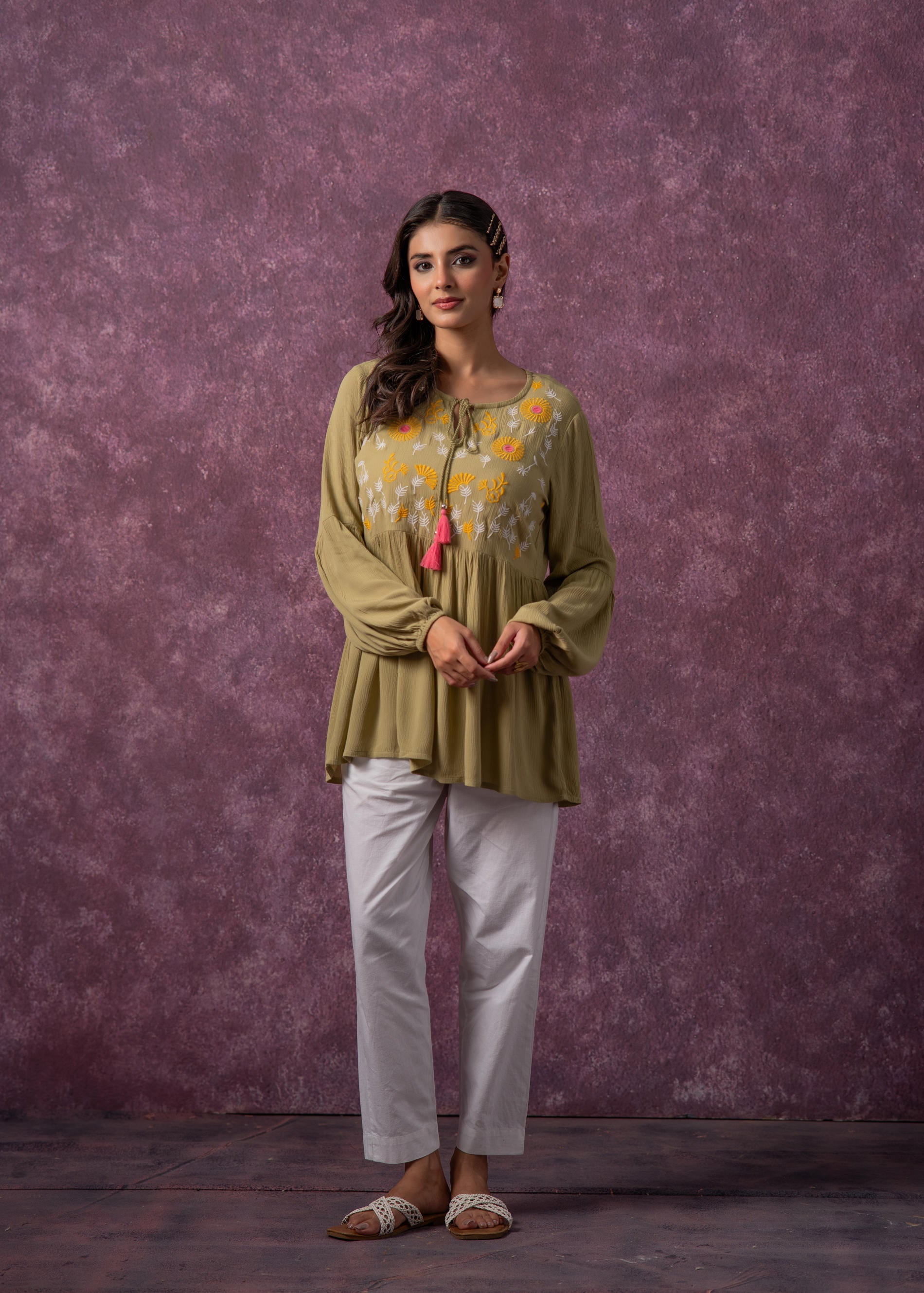 Women's Green, Mustard & White Embroidered Viscose Tunic with Dori and Tassels