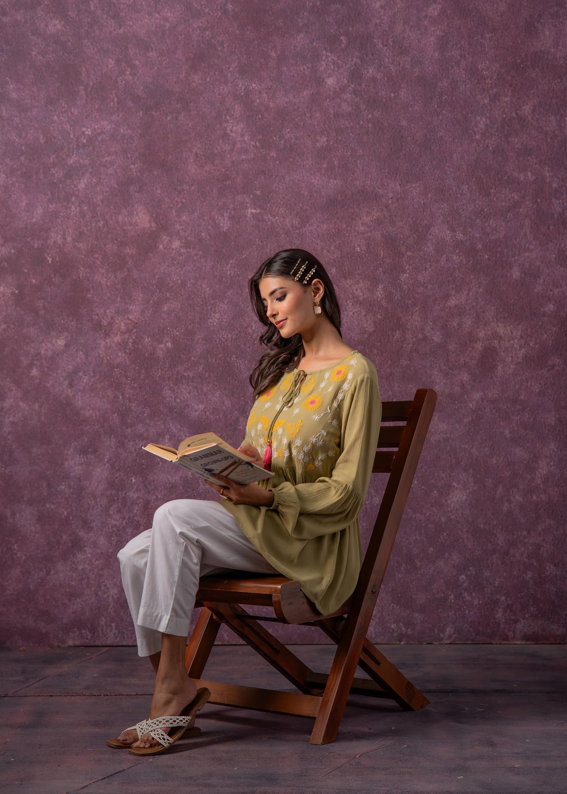 Women's Green, Mustard & White Embroidered Viscose Tunic with Dori and Tassels