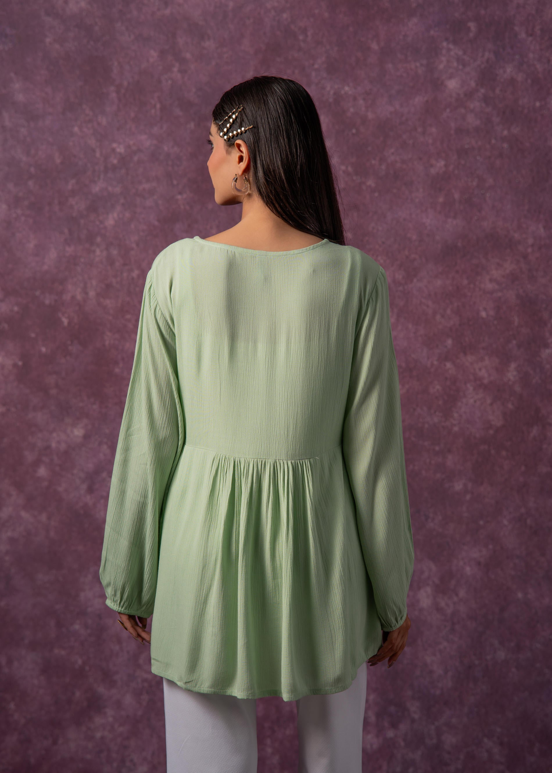 Women's Mint & White Embroidered Viscose Tunic with Thread Work and Buttons