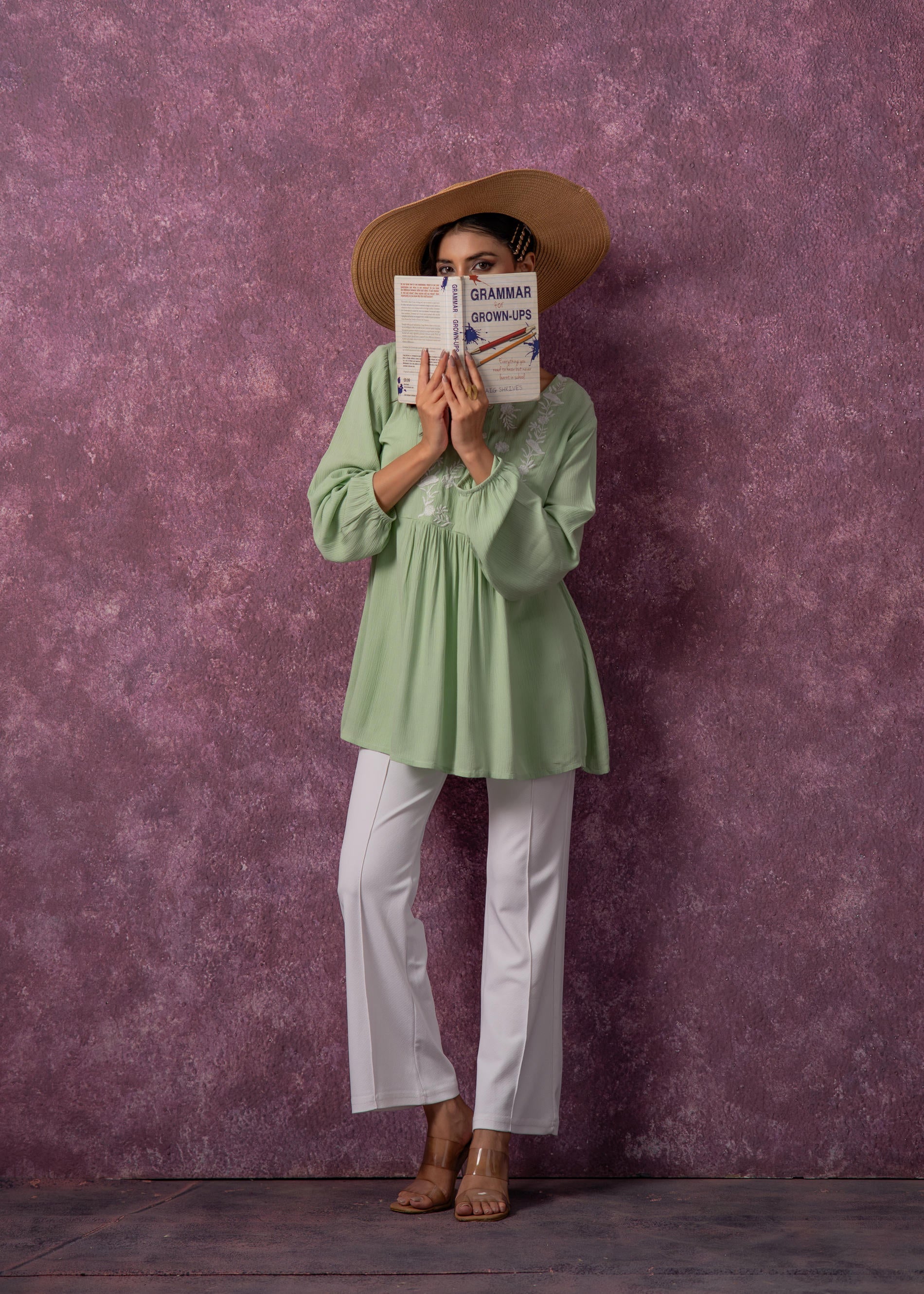 Women's Mint & White Embroidered Viscose Tunic with Thread Work and Buttons