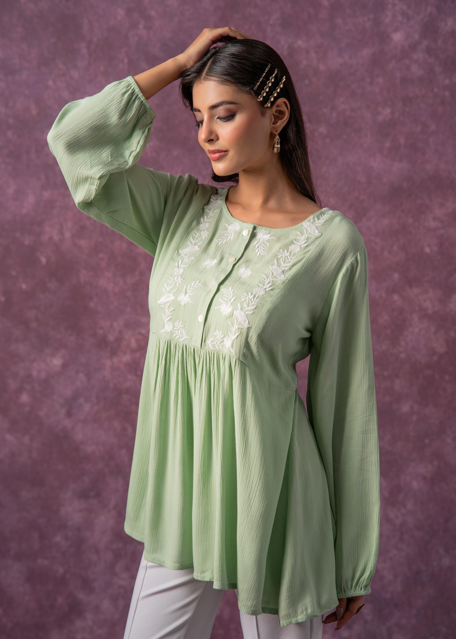 Women's Mint & White Embroidered Viscose Tunic with Thread Work and Buttons