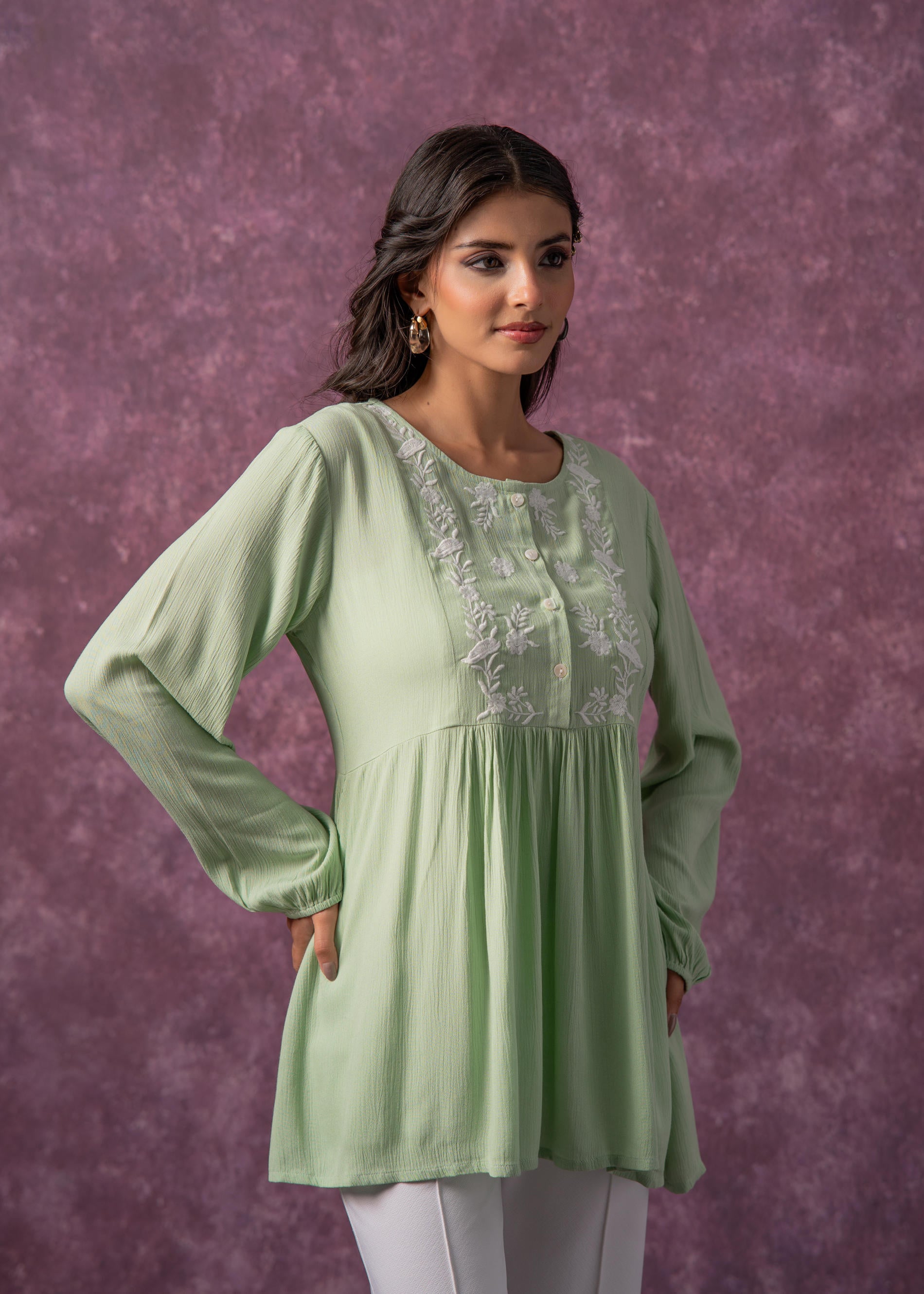 Women's Mint & White Embroidered Viscose Tunic with Thread Work and Buttons