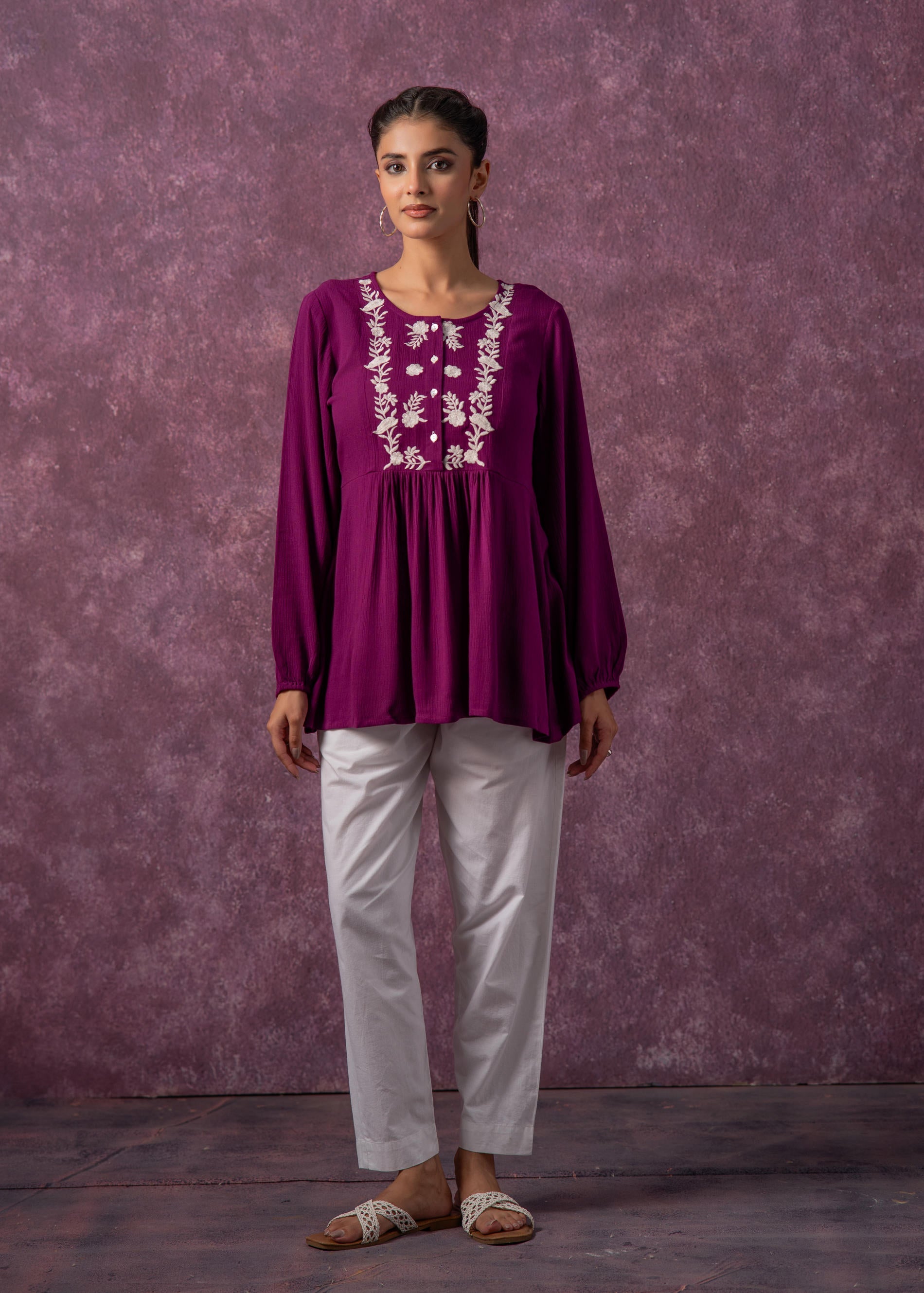 Women's Mint & White Embroidered Viscose Tunic with Thread Work and Buttons